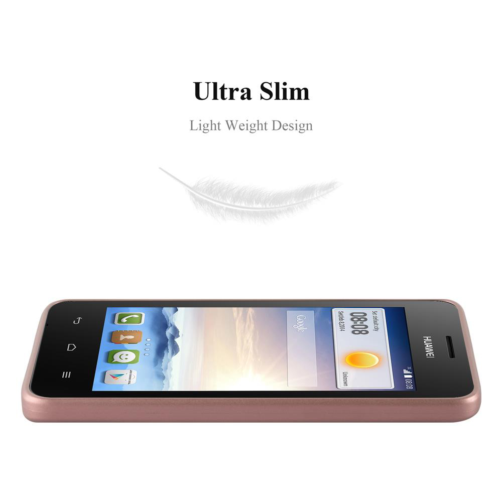 Uno smartphone Huawei color oro rosa su sfondo bianco. Lo schermo mostra icone, Google e l'ora. Sopra c'è Ultra Slim e Light Weight Design.