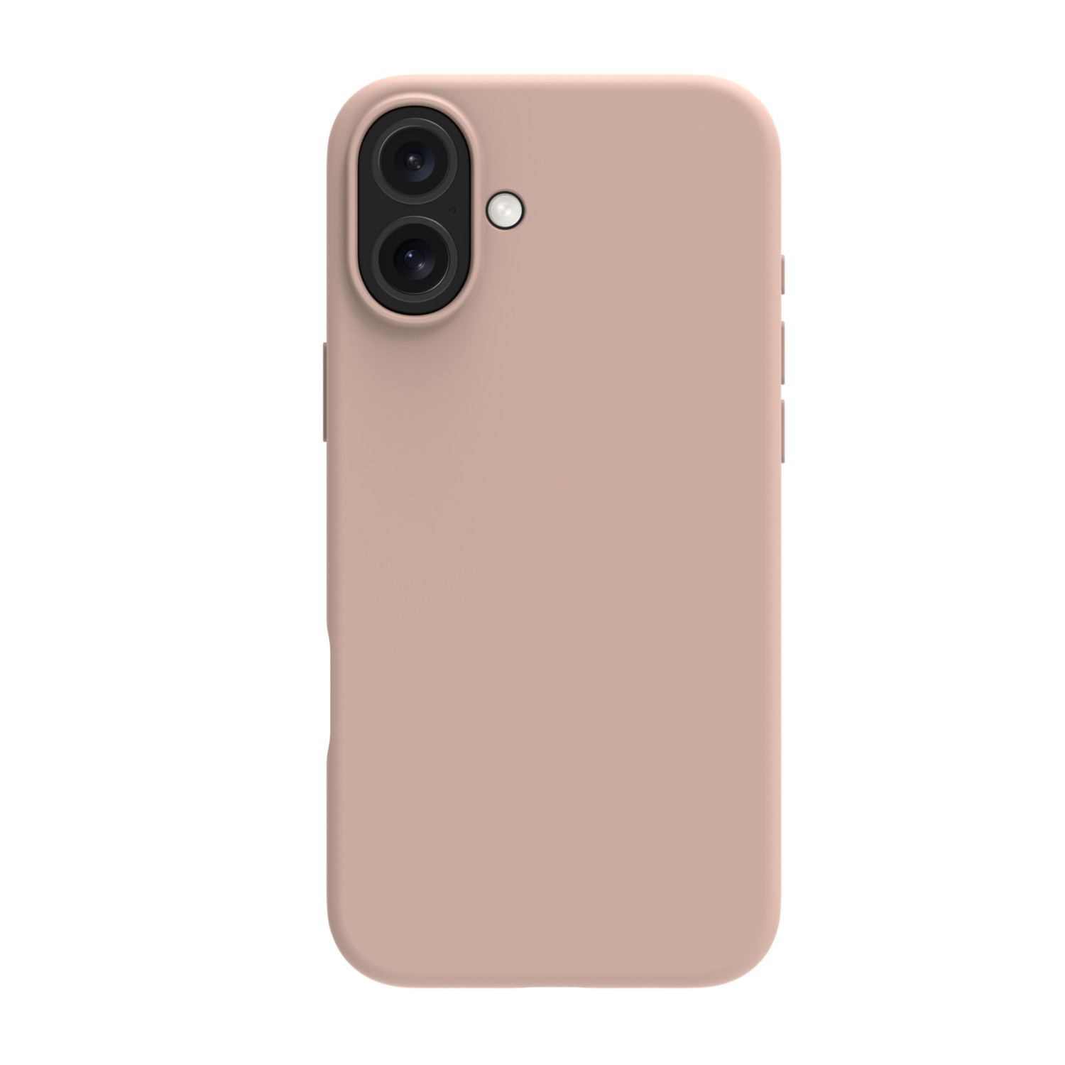Primo piano di una custodia rosa per telefono. Ha lenti della fotocamera e pulsanti laterali. Lo sfondo è bianco.