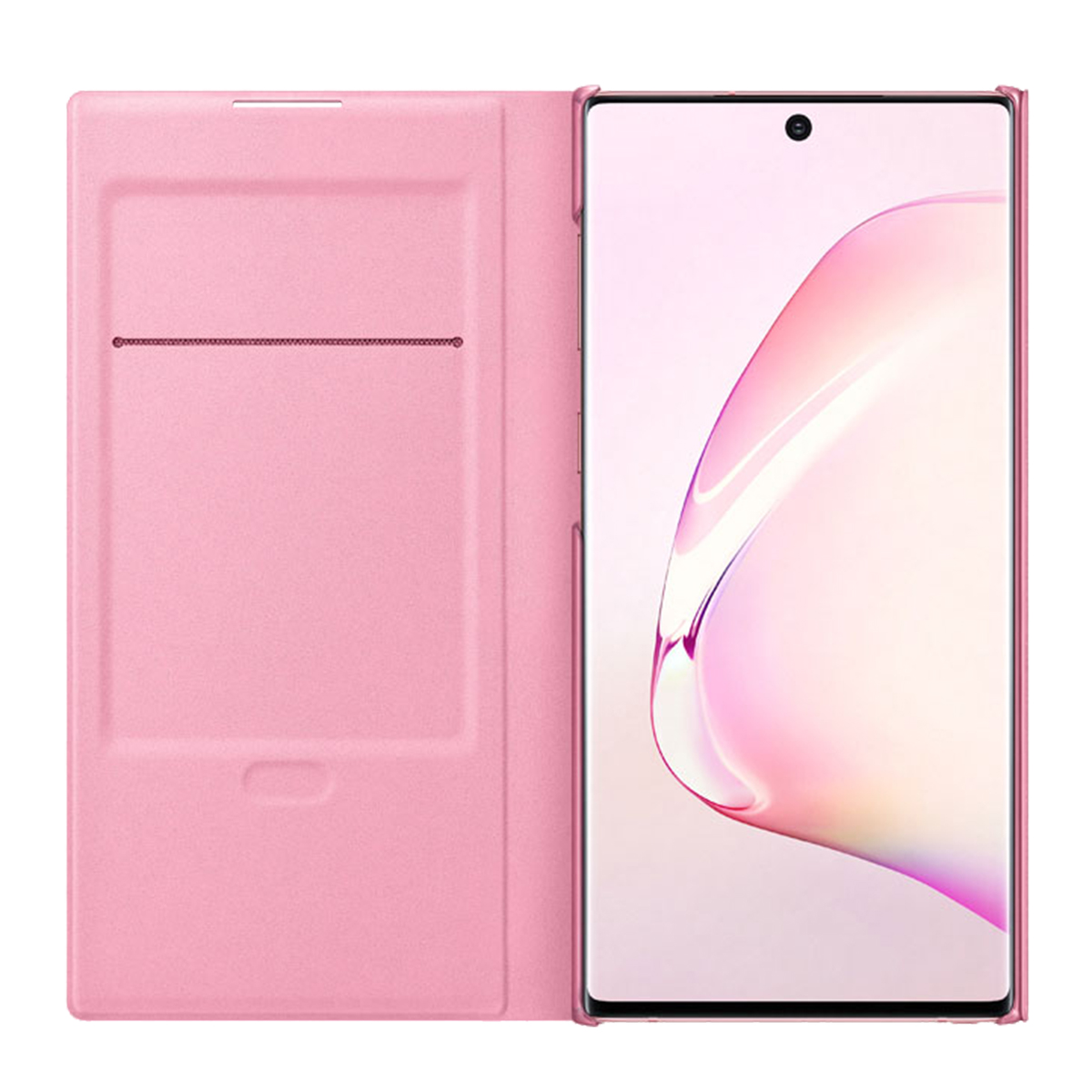 Offene rosa Handyhülle neben einem Handy mit rosa-weißem Bildschirm. Die Hülle hat einen Kartenschlitz.