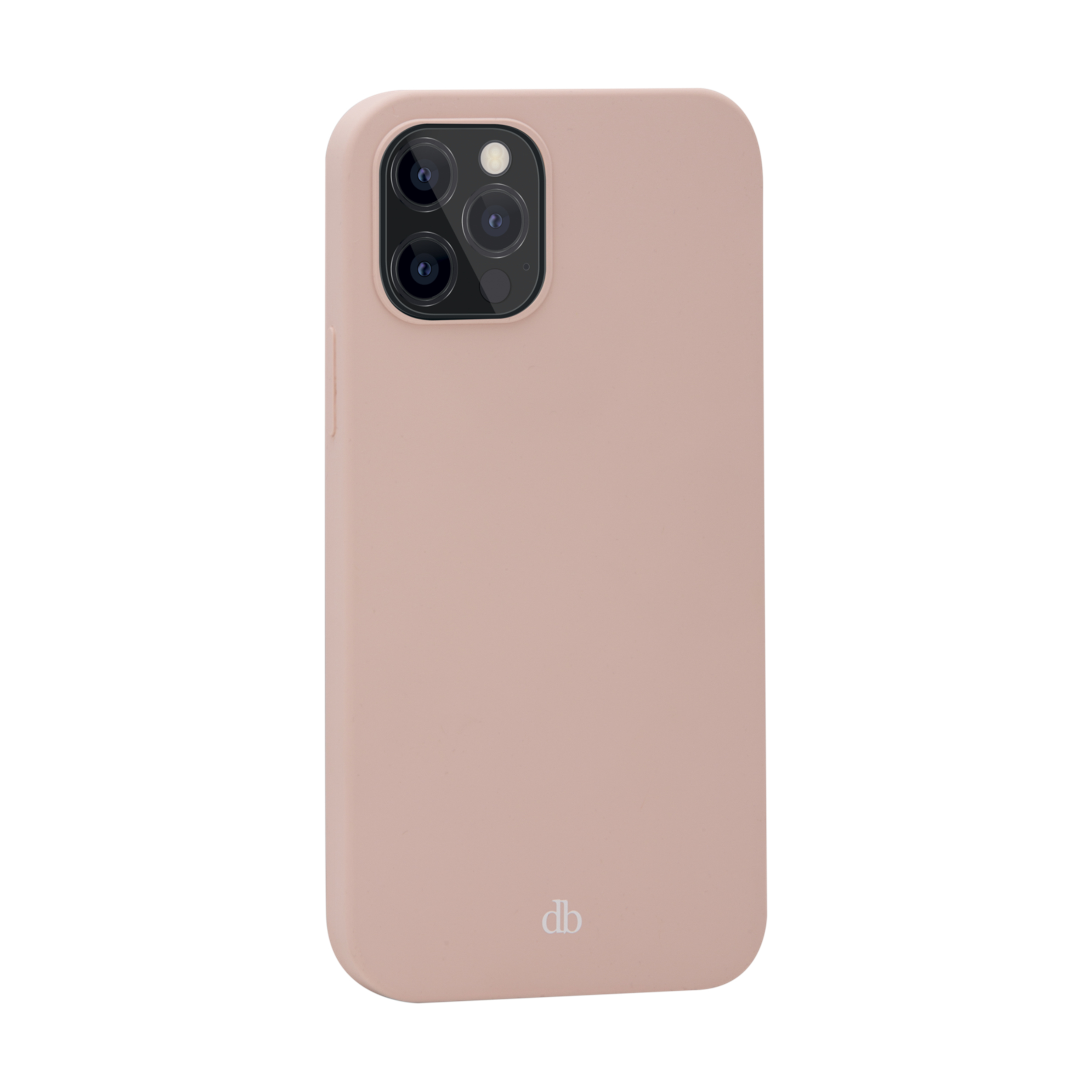 Una custodia rosa per telefono con tre obiettivi. Il logo 'db' è visibile in basso. Lo sfondo è bianco.