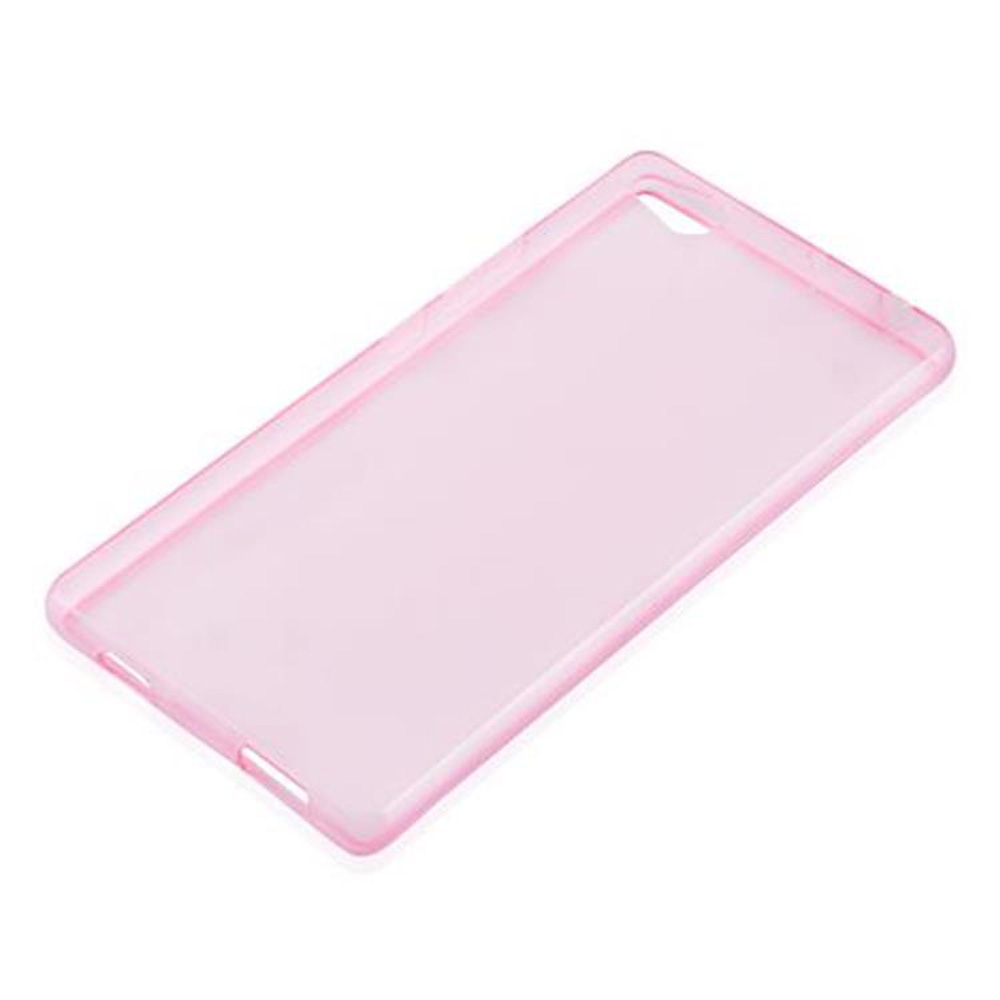 Una funda de teléfono rosa translúcida está en diagonal sobre una superficie blanca. Tiene forma rectangular con bordes redondeados y aberturas.
