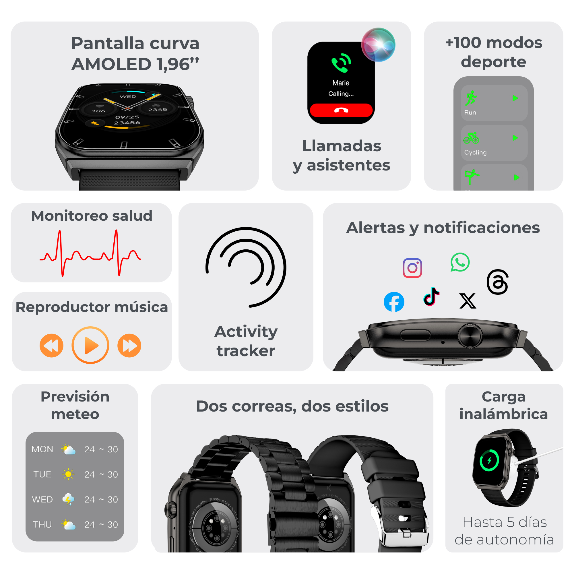 Smartwatch con display AMOLED, monitoraggio salute, lettore musicale, previsioni meteo e ricarica wireless.