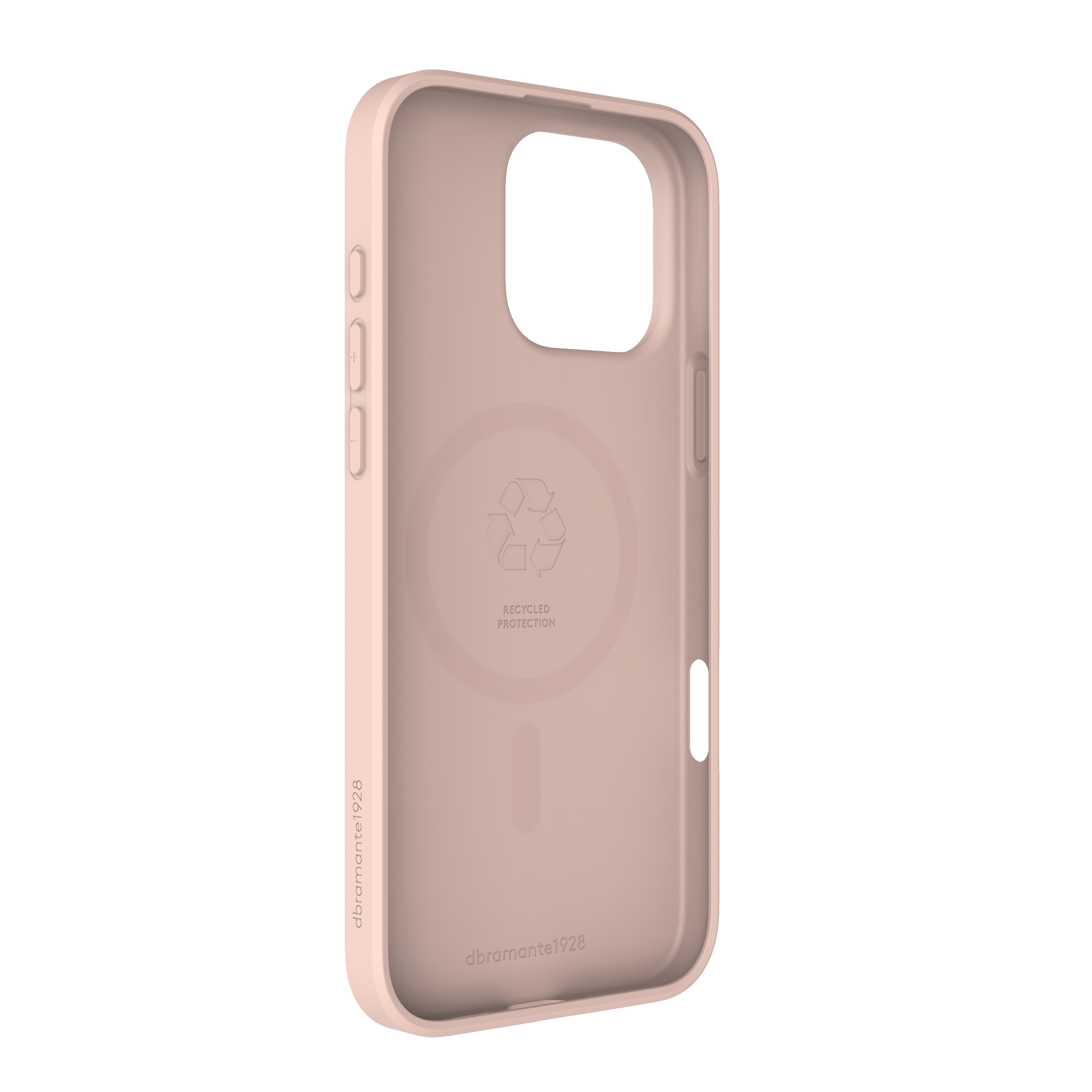Una custodia per telefono rosa chiaro. L'interno ha un logo di riciclaggio e le parole 'recycled protection'.