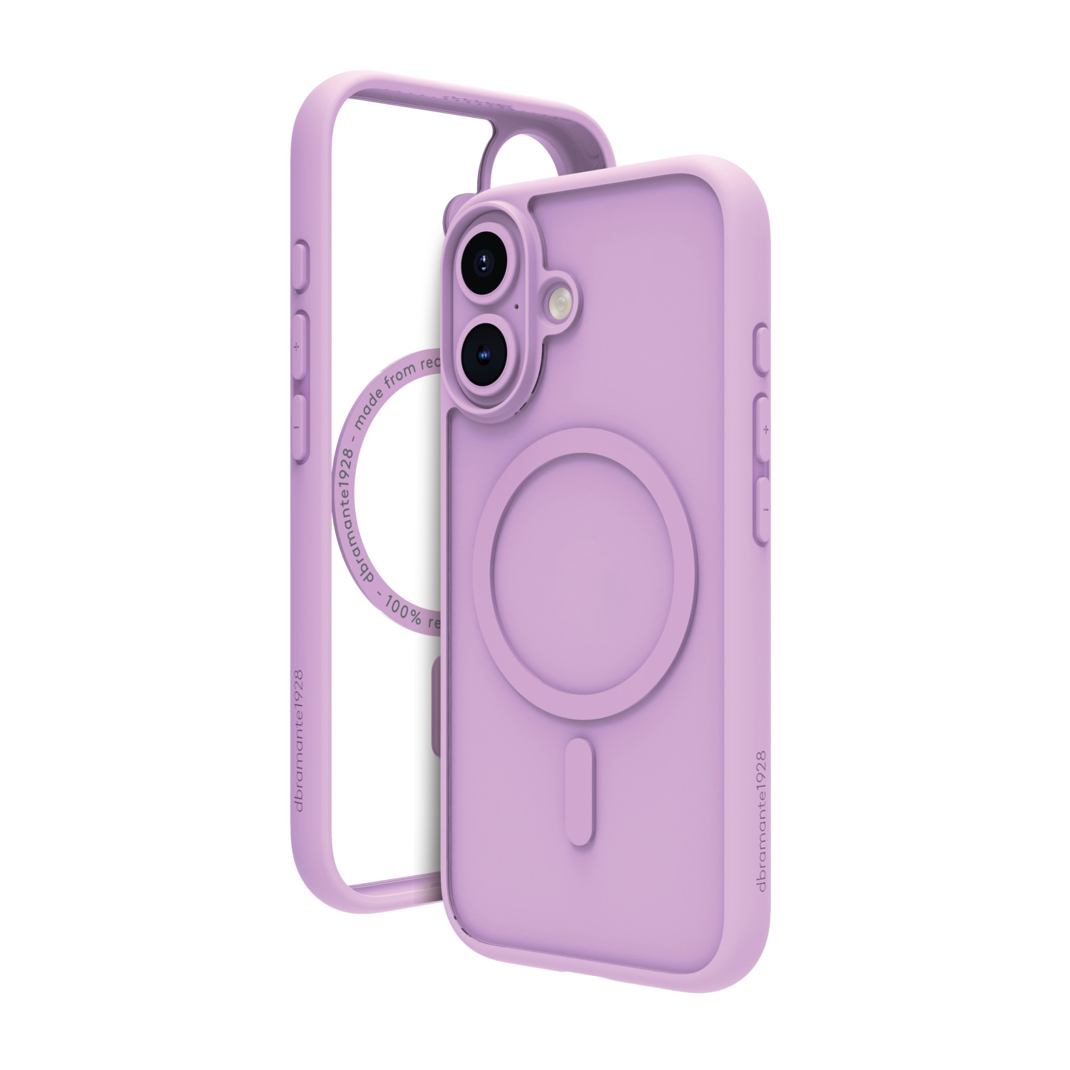 È mostrata una custodia per telefono color lavanda con una cornice trasparente. La custodia ha un ritaglio per la fotocamera, pulsanti e un attacco magnetico circolare.