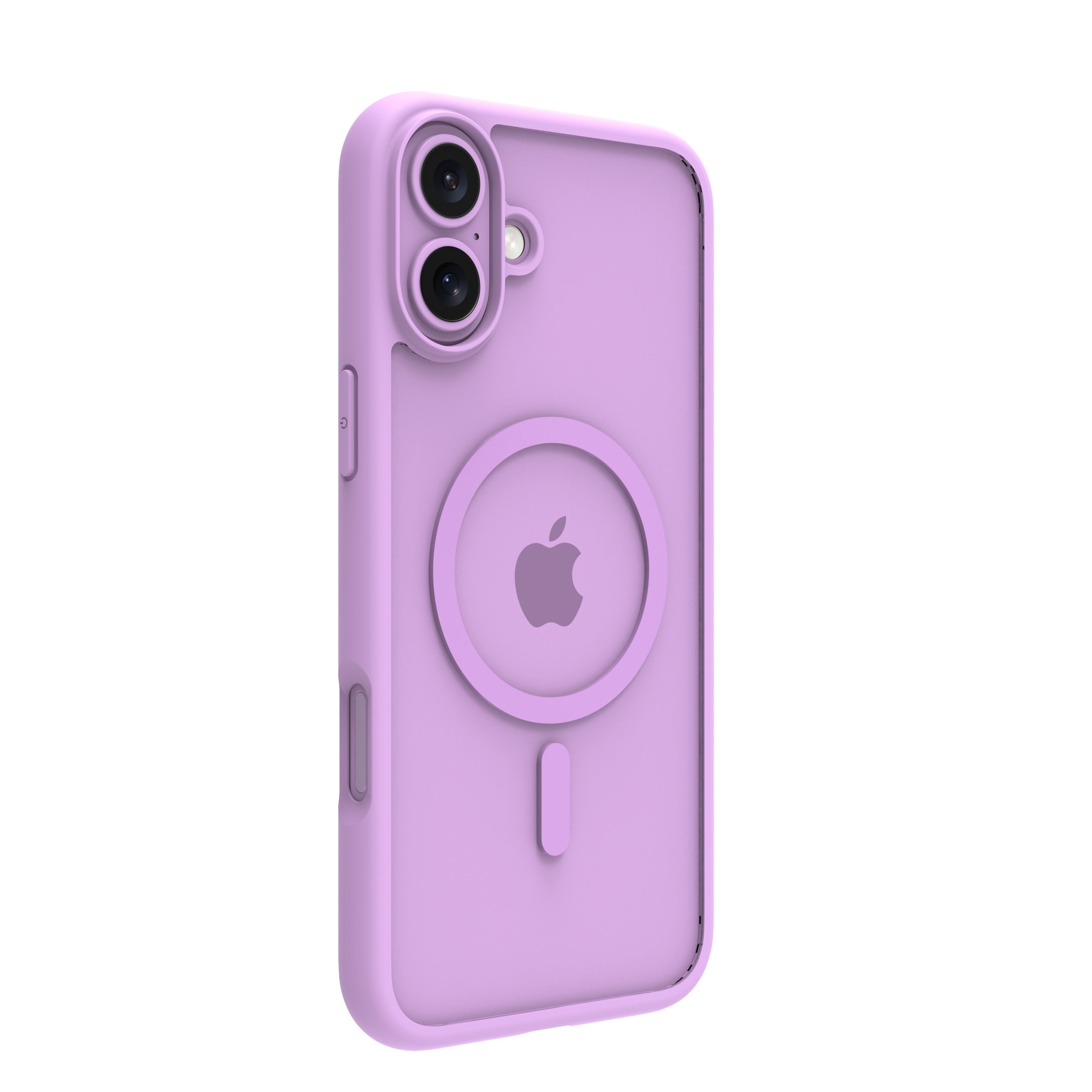 Una custodia per iPhone color lavanda, con fori per fotocamera, logo Apple e fori per i pulsanti, su sfondo bianco.