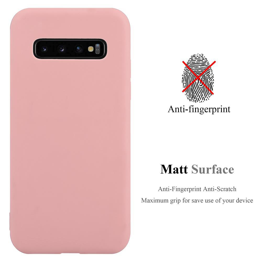 Eine rosa Handyhülle mit Silhouetten eines Telefons. Text: Anti-Fingerabdruck, Matt-Oberfläche, Anti-Kratz. Maximaler Halt.
