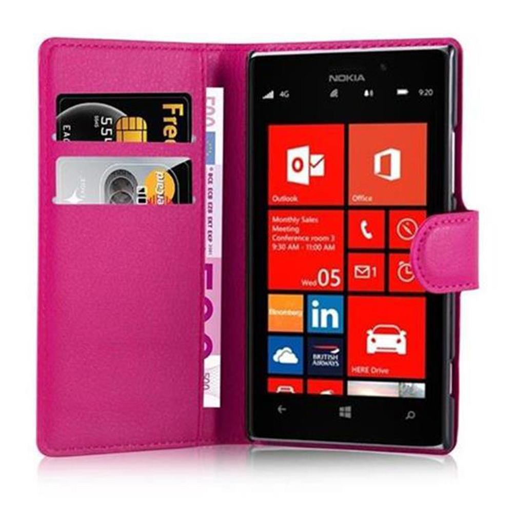 Una custodia rosa con un telefono Nokia nero. La custodia contiene carte e contanti. Il telefono visualizza le icone delle app.