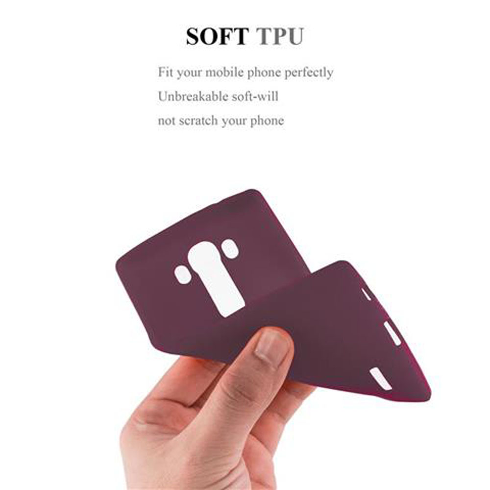 Mano sosteniendo una funda de teléfono púrpura oscuro, con un logotipo blanco. El texto superior dice TPU suave, para teléfonos móviles.