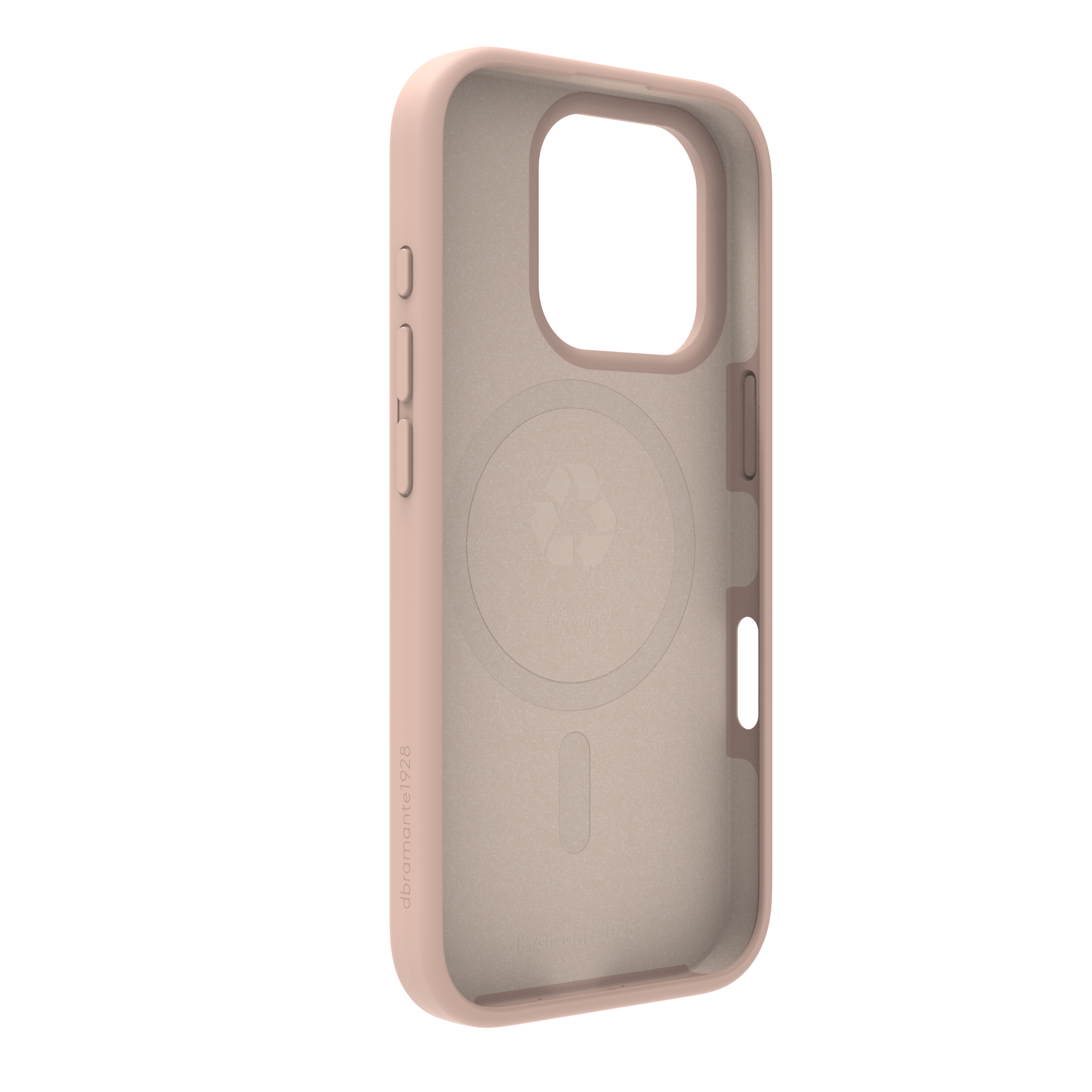 Una custodia per telefono rosa chiaro. Ha aperture per la fotocamera, i pulsanti e la porta di ricarica. L'interno è beige chiaro.