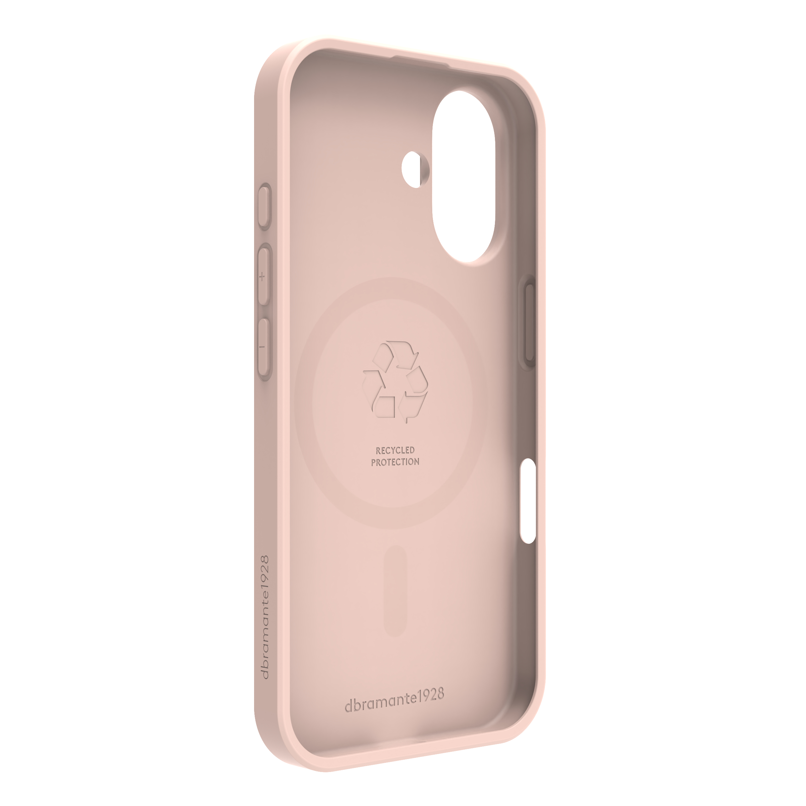 Una custodia per telefono rosa chiaro. L'interno mostra un simbolo di riciclaggio con 'Recycled Protection'. Il marchio è visibile.