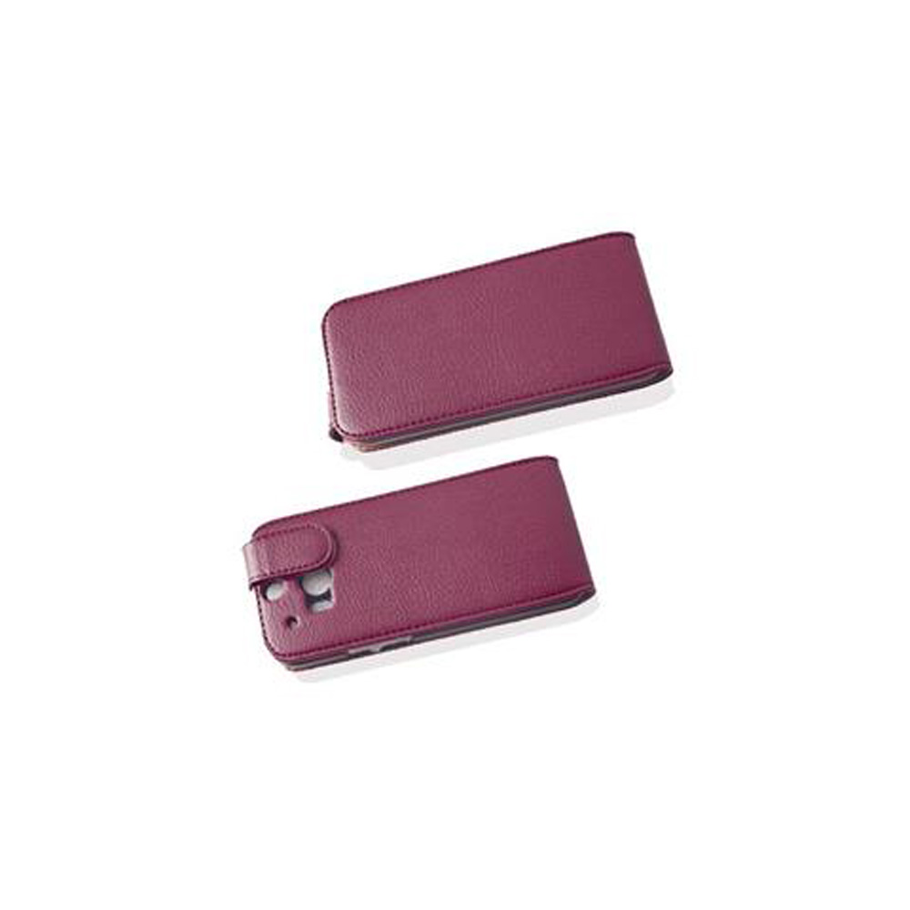 Dos fundas de teléfono granates sobre fondo blanco. Una está abierta con cierre, la otra cerrada.