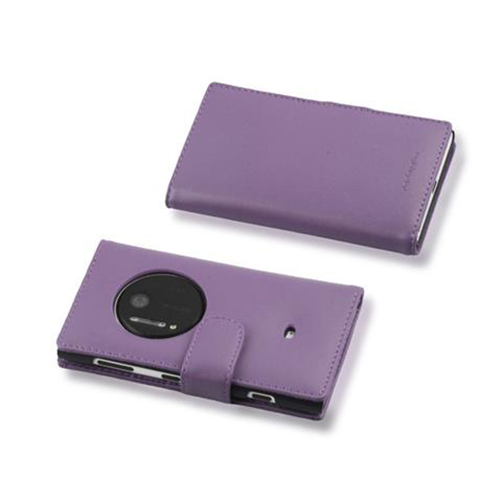 Dos fundas moradas para teléfono. Una abierta con recorte para la cámara y cierre, la otra cerrada. Ambas sobre fondo blanco.