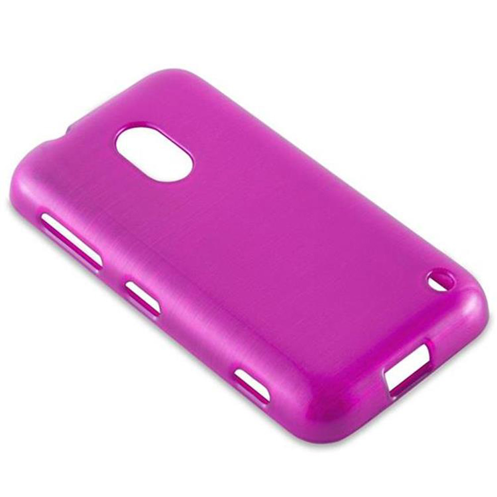 È mostrata una custodia per telefono magenta, con ritagli per fotocamera, pulsanti e porte. La custodia è liscia e ha un aspetto di metallo spazzolato.