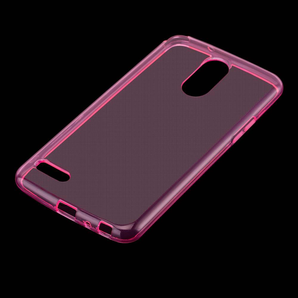 Una custodia rosa trasparente per telefono è su sfondo nero. Ha ritagli per la fotocamera e i pulsanti.