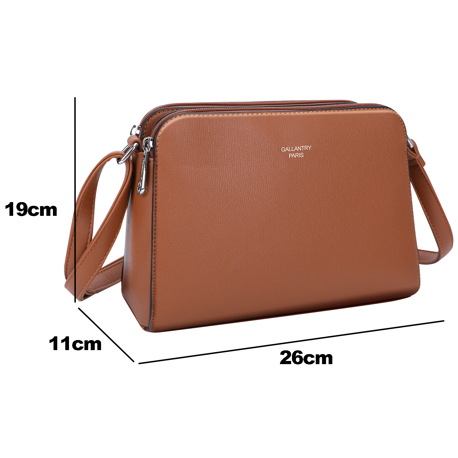 Un bolso de hombro de cuero marrón con dimensiones etiquetadas. Marca: 'Gallantry Paris'. El bolso tiene cremallera.