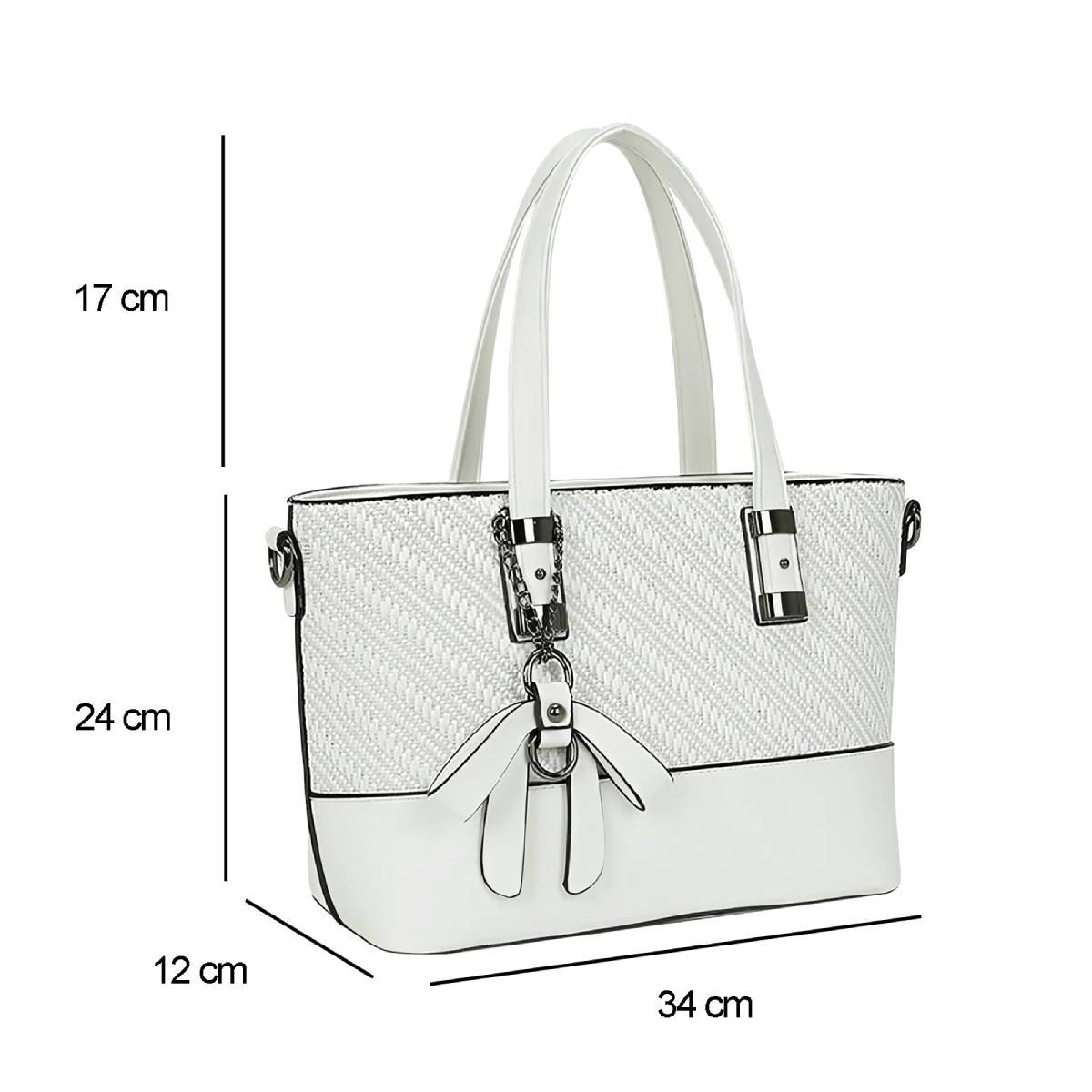 Un bolso blanco con dimensiones etiquetadas. El bolso tiene asas blancas y una textura tejida en la parte superior, con la parte inferior lisa blanca.