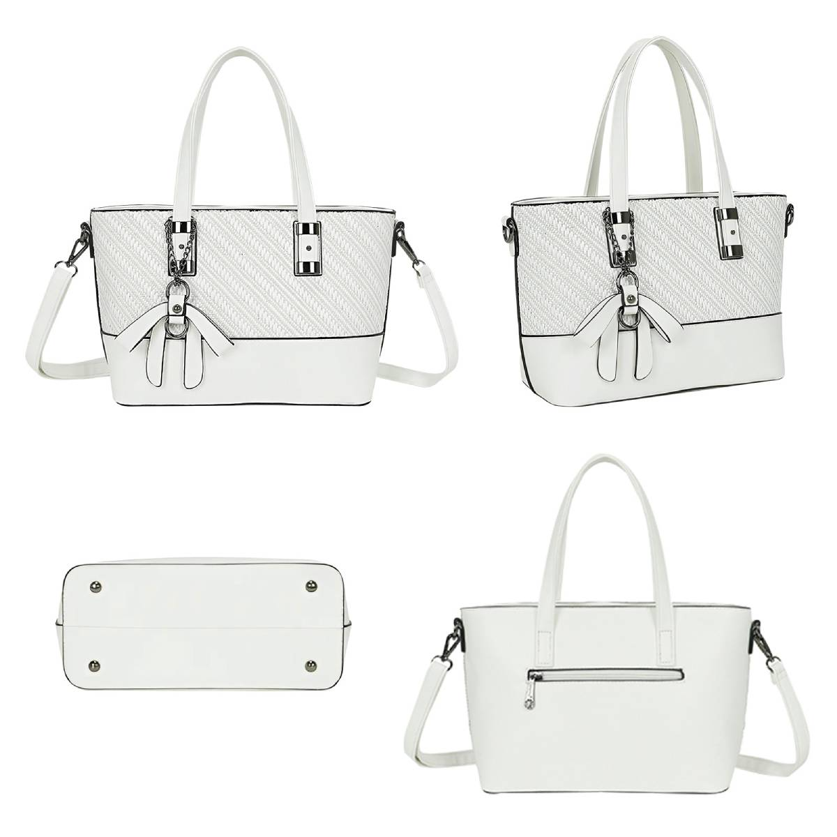 Cuatro vistas de un bolso blanco. Tiene una parte superior tejida, una inferior lisa, dos asas, una bandolera y un adorno.
