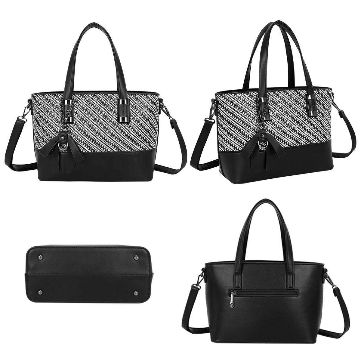 Cuatro bolsos negros. Dos tienen la parte superior con estampado blanco y negro, dos son negros lisos. Todos tienen asas y correas.