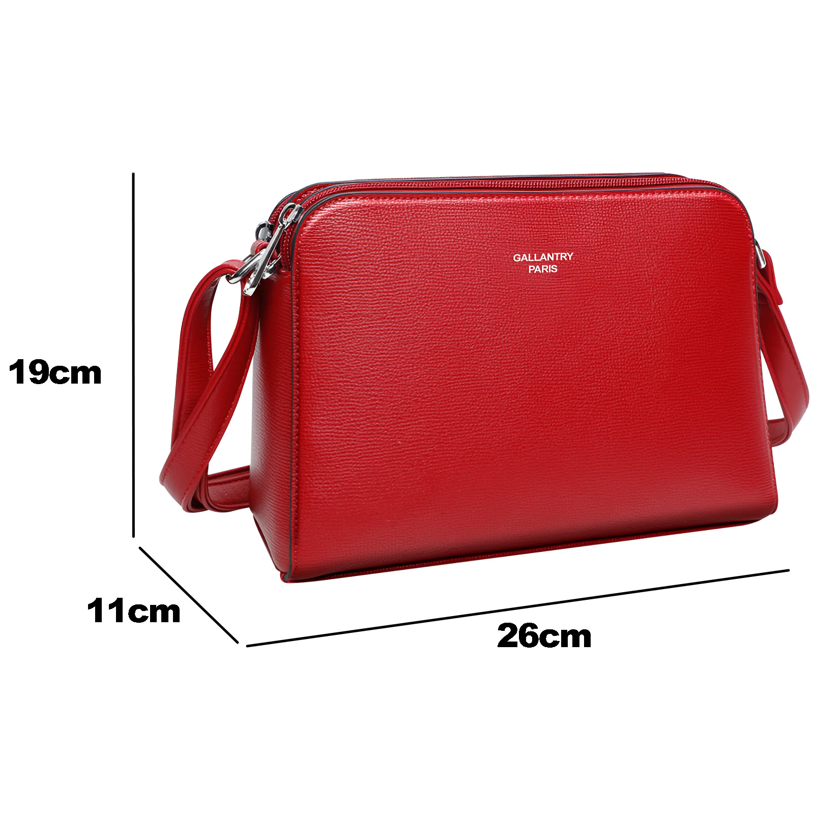 Bolso de mano de cuero rojo, 26 cm de ancho, 19 cm de alto, 11 cm de profundidad. Etiqueta 'Gallantry Paris'. Herrajes plateados.