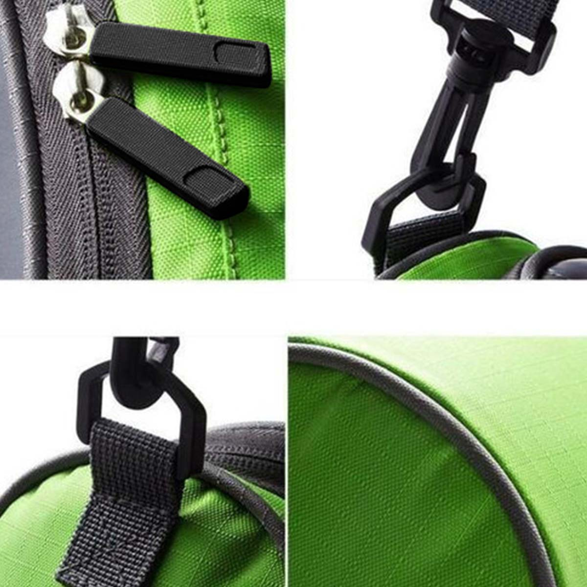 Nahaufnahme einer grünen Tasche mit schwarzen Details. Reißverschlüsse, Riemen und Nähte sind sichtbar. Die Tasche besteht aus Stoff.
