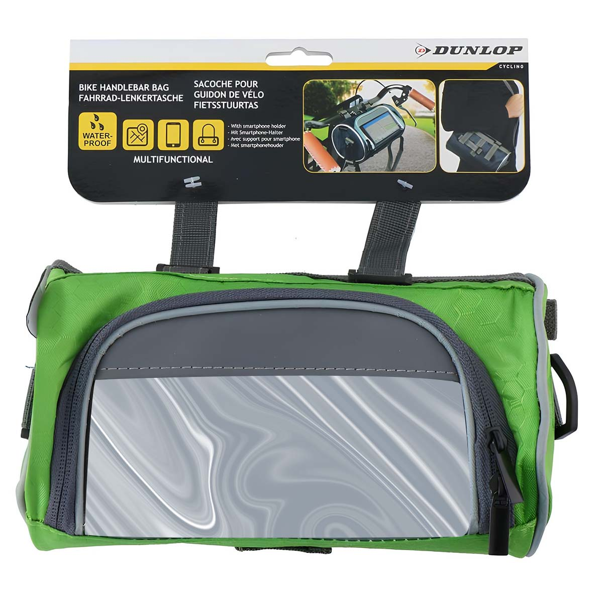 Grüne und graue Fahrradlenkertasche mit einem transparenten Fenster. Die Tasche ist wasserdicht und multifunktional.