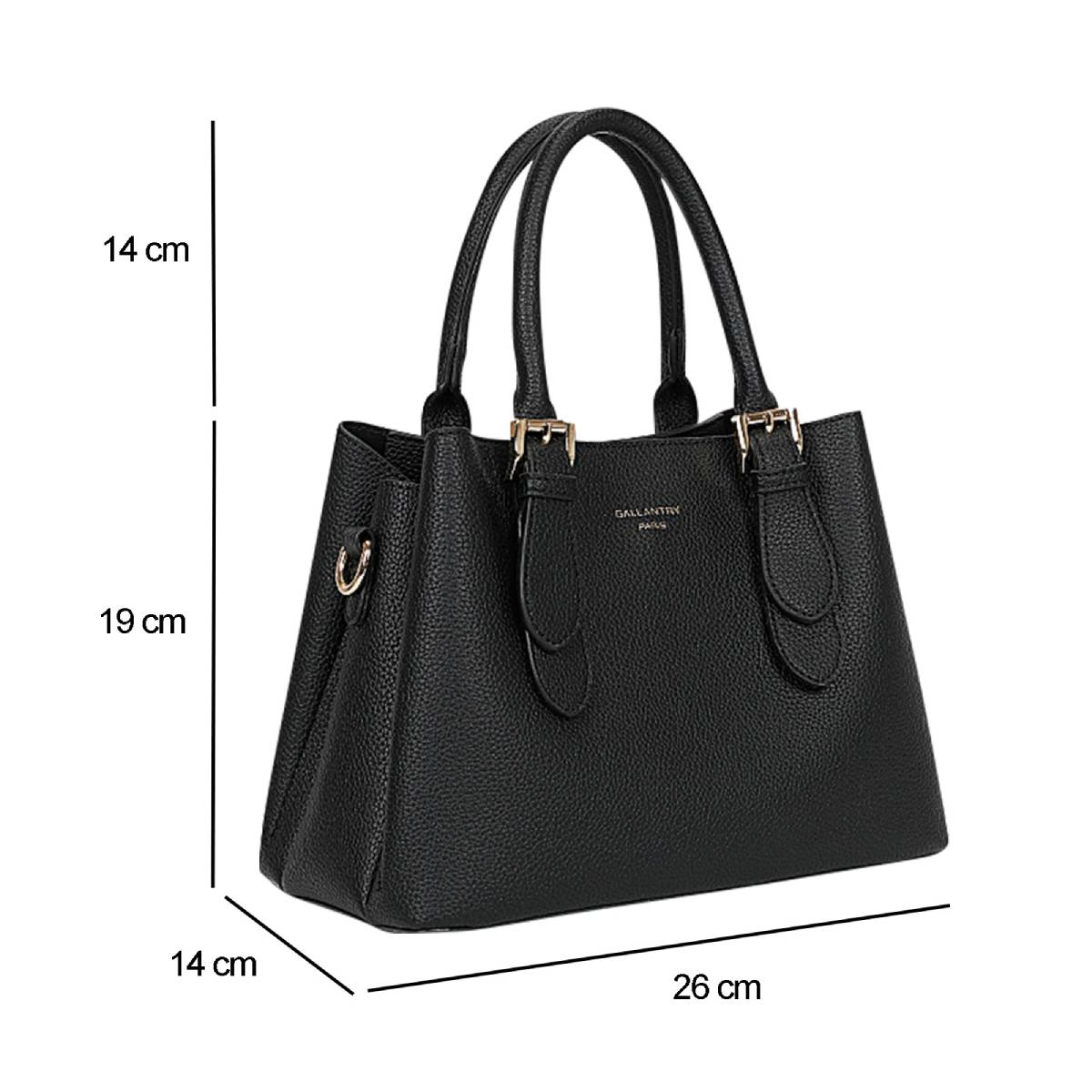 Schwarze Lederhandtasche mit Griffen und goldenen Schnallen. Maße: 26x14x19 cm. Die Marke 'Gallantry Paris' ist sichtbar.
