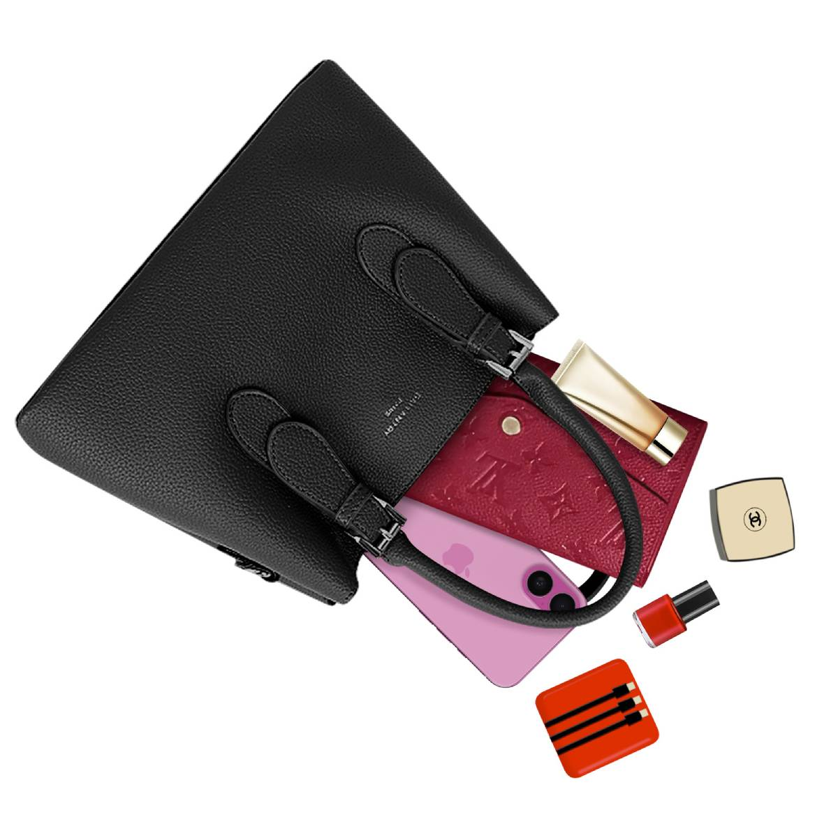 Schwarze Handtasche mit Inhalt: Geldbörse, Telefon, Make-up und Ladegerät. Isoliert auf weißem Hintergrund.