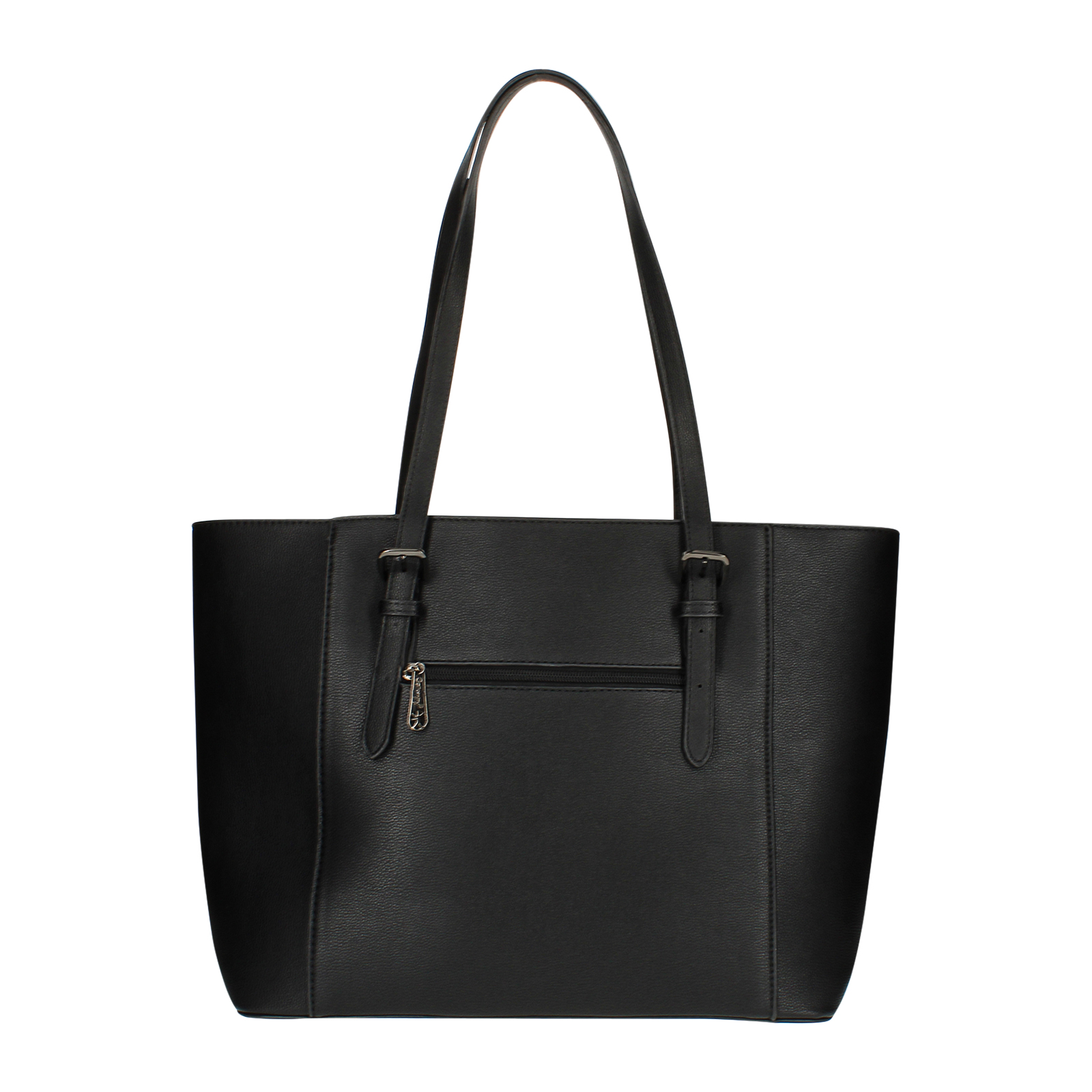 Un bolso tote de cuero negro con dos asas. Tiene un bolsillo con cremallera y hebillas metálicas.