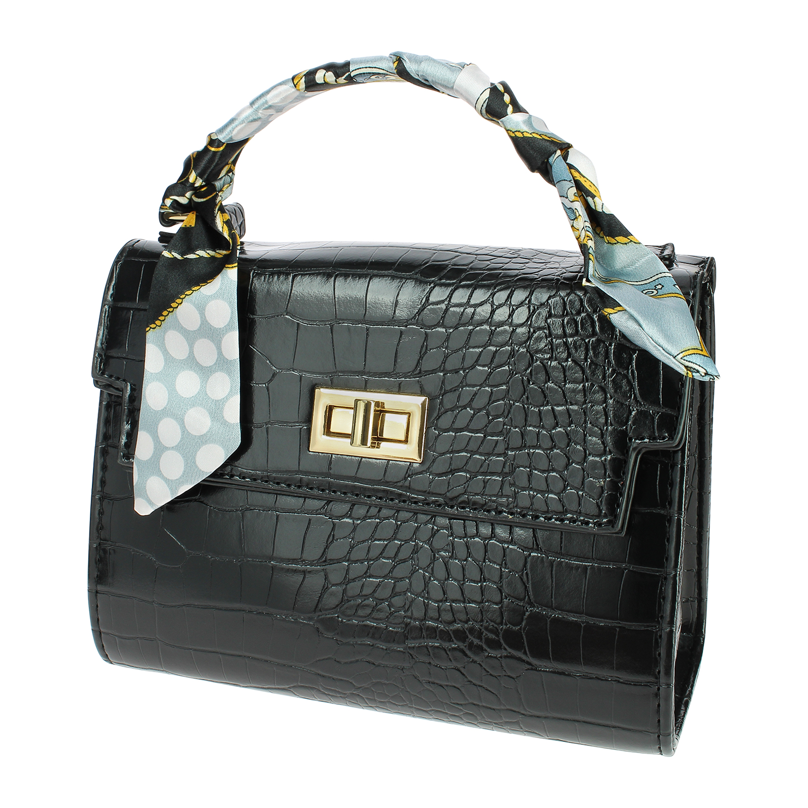Bolso de mano negro con textura de cocodrilo y asa de bufanda estampada. Cierre dorado al frente. Fondo blanco.