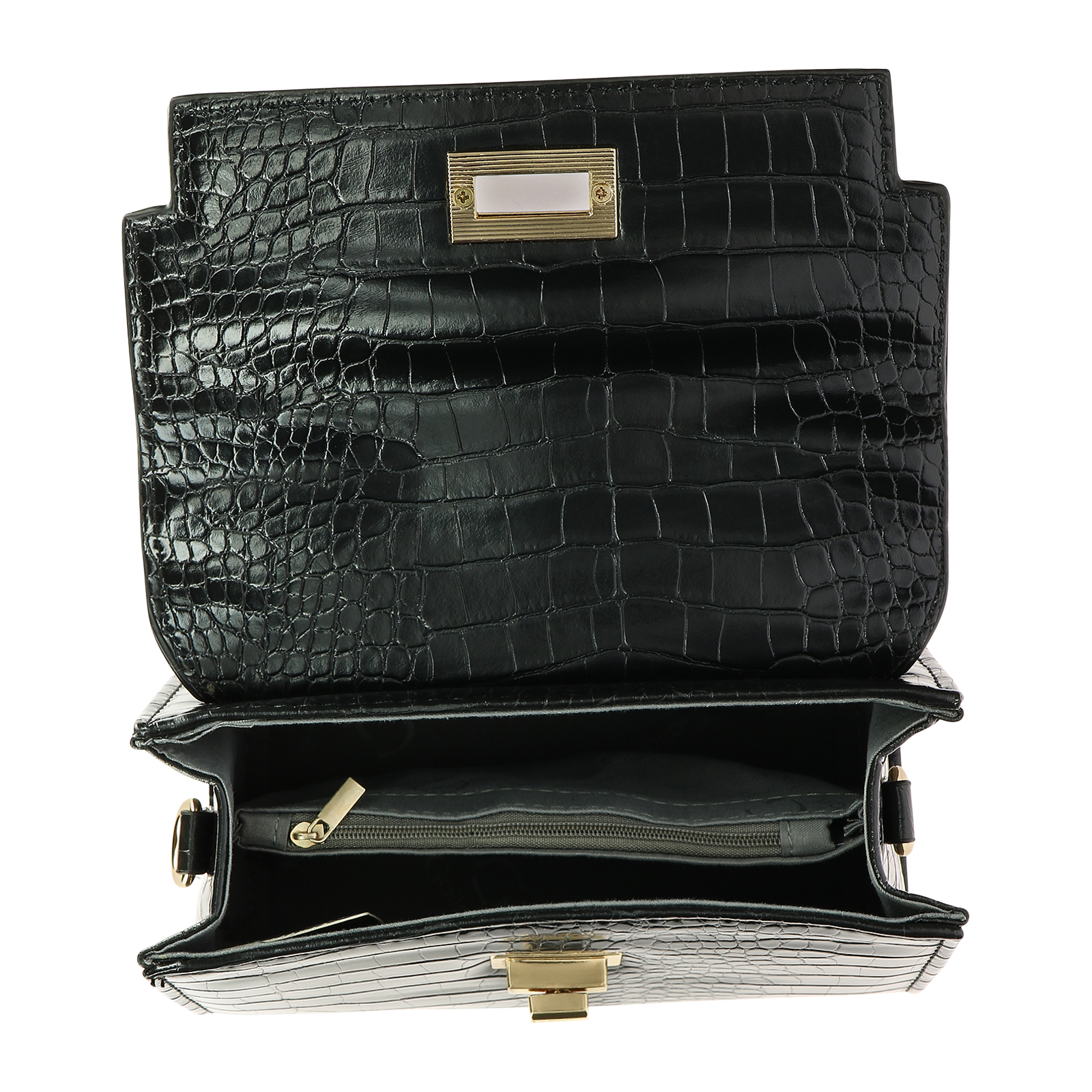 Bolso de mano negro abierto, con textura de cocodrilo y herrajes dorados. El interior muestra un bolsillo con cremallera.