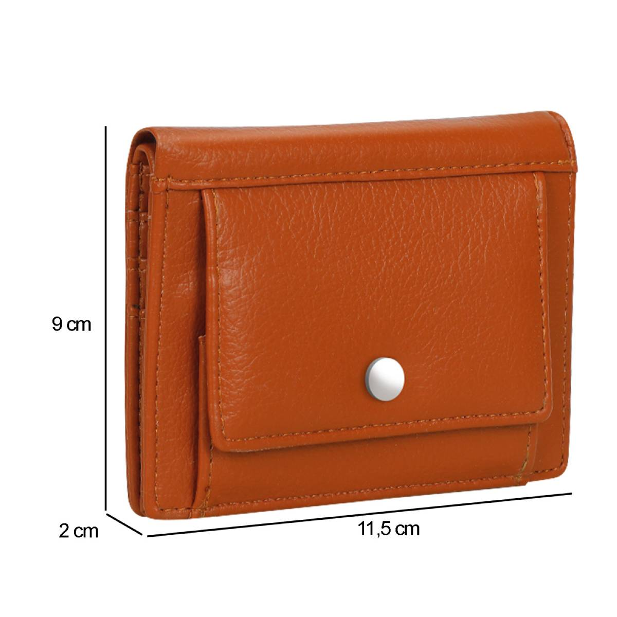 Gezeigt wird eine orangefarbene Ledergeldbörse mit Größenangaben. Sie hat einen Druckknopfverschluss und eine Tasche. Die Maße sind 9 cm, 2 cm und 11,5 cm.