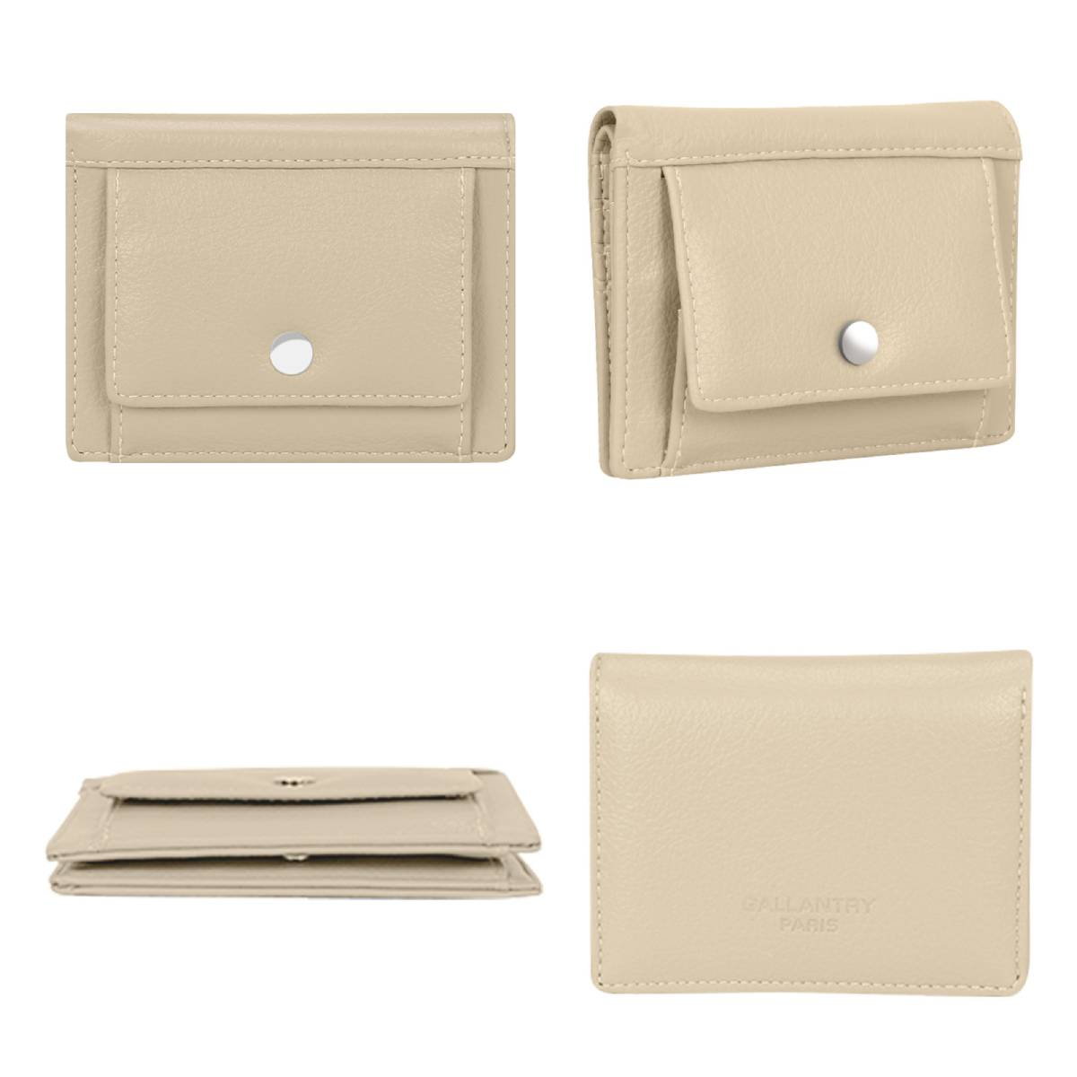 Cuatro vistas de una cartera de cuero beige. Vistas frontal, lateral y superior muestran una cartera pequeña con cierre de botón y bolsillo.