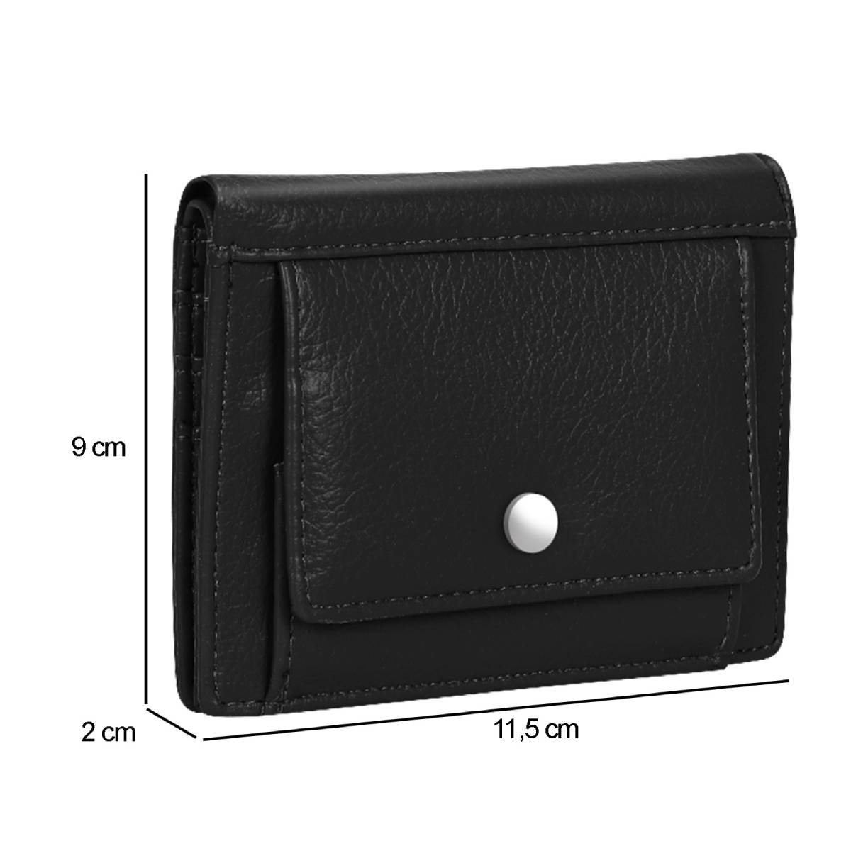 Una cartera de cuero negro con cierre a presión. Dimensiones: 11,5 cm x 9 cm x 2 cm. La cartera está sobre fondo blanco.