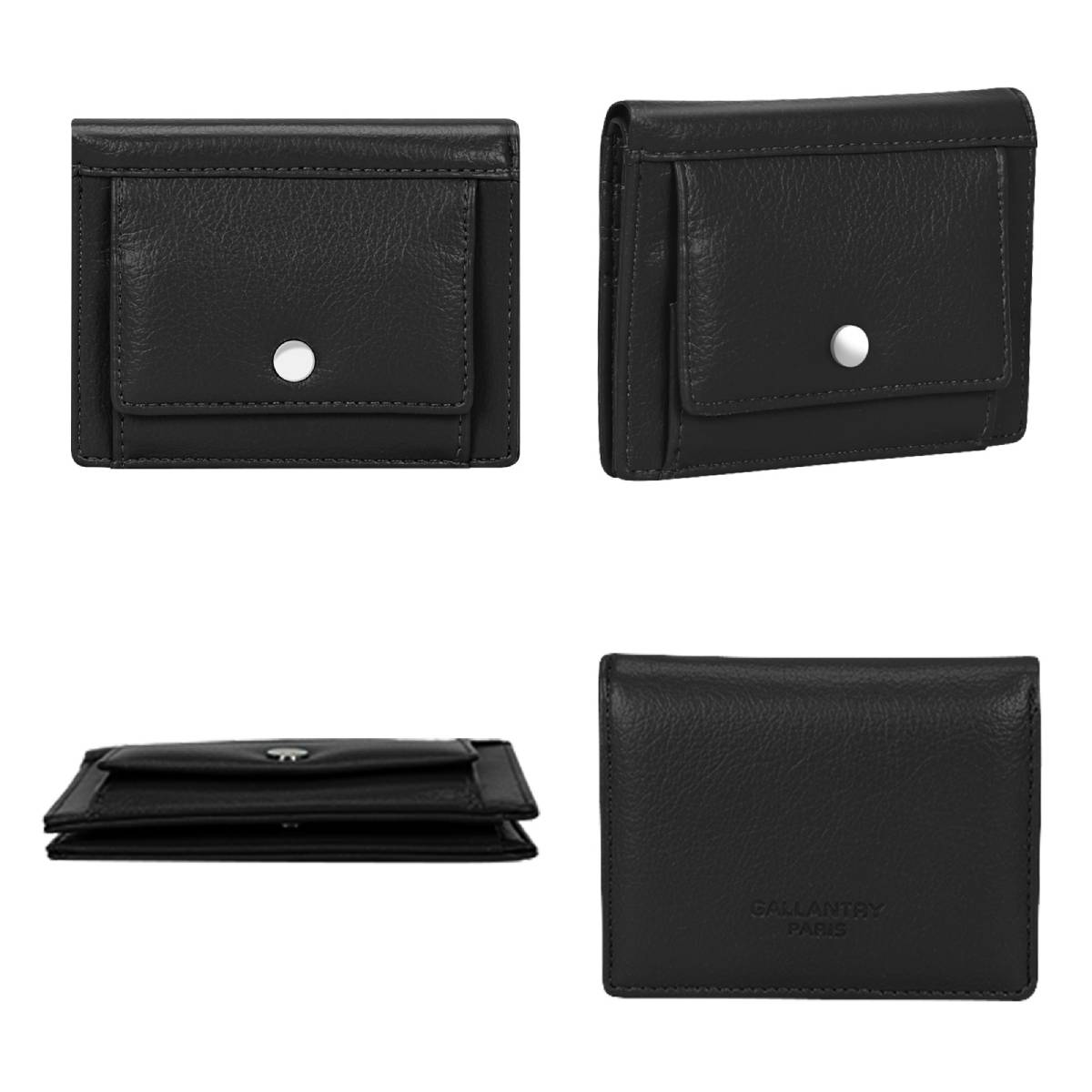 Cuatro vistas de una cartera de cuero negro con cierre a presión. La cartera tiene un bolsillo en la parte delantera y un logo que dice 'Gallantry Paris'.
