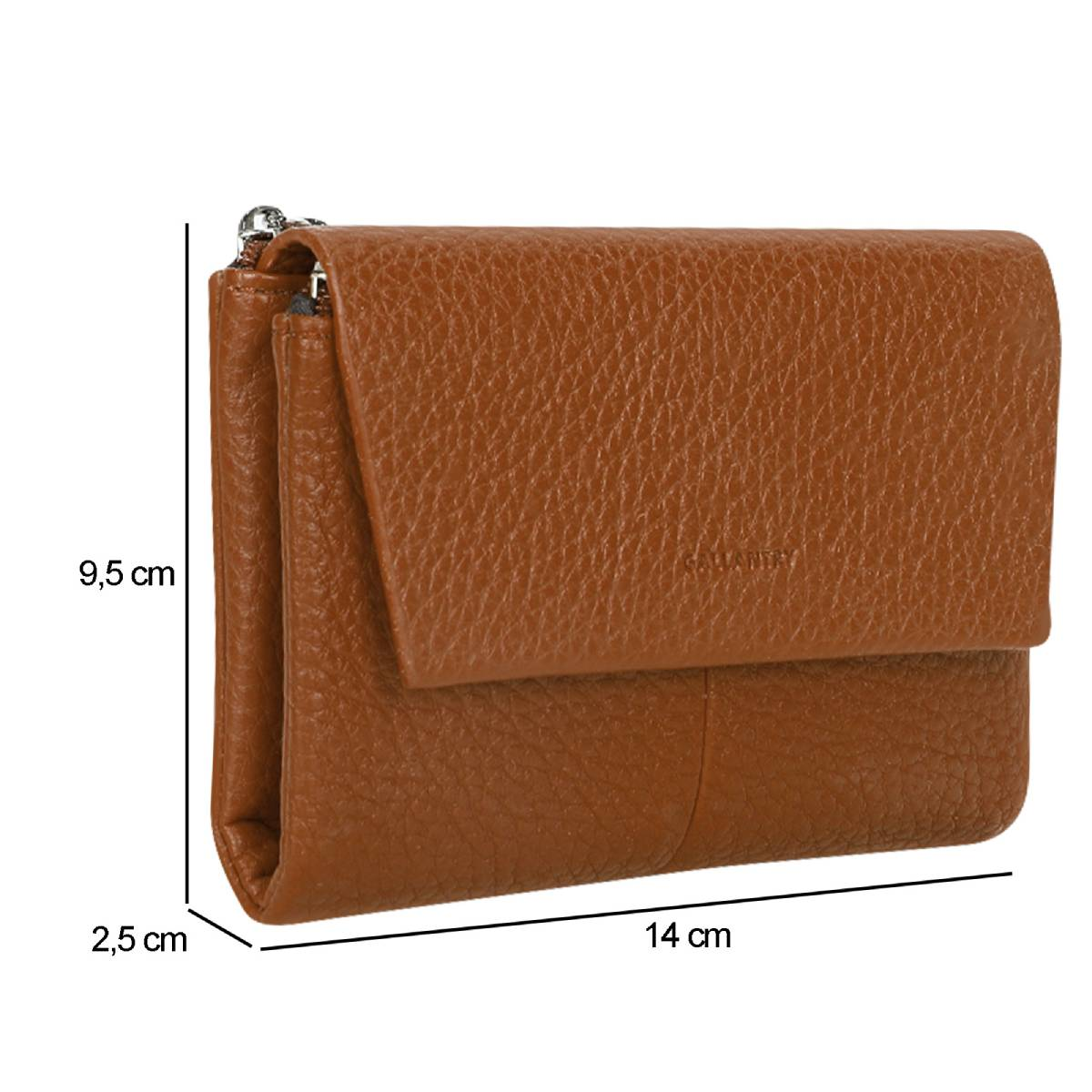 Una cartera de cuero marrón con dimensiones: 14cm ancho, 9.5cm alto y 2.5cm grosor. La marca es visible en la cartera.