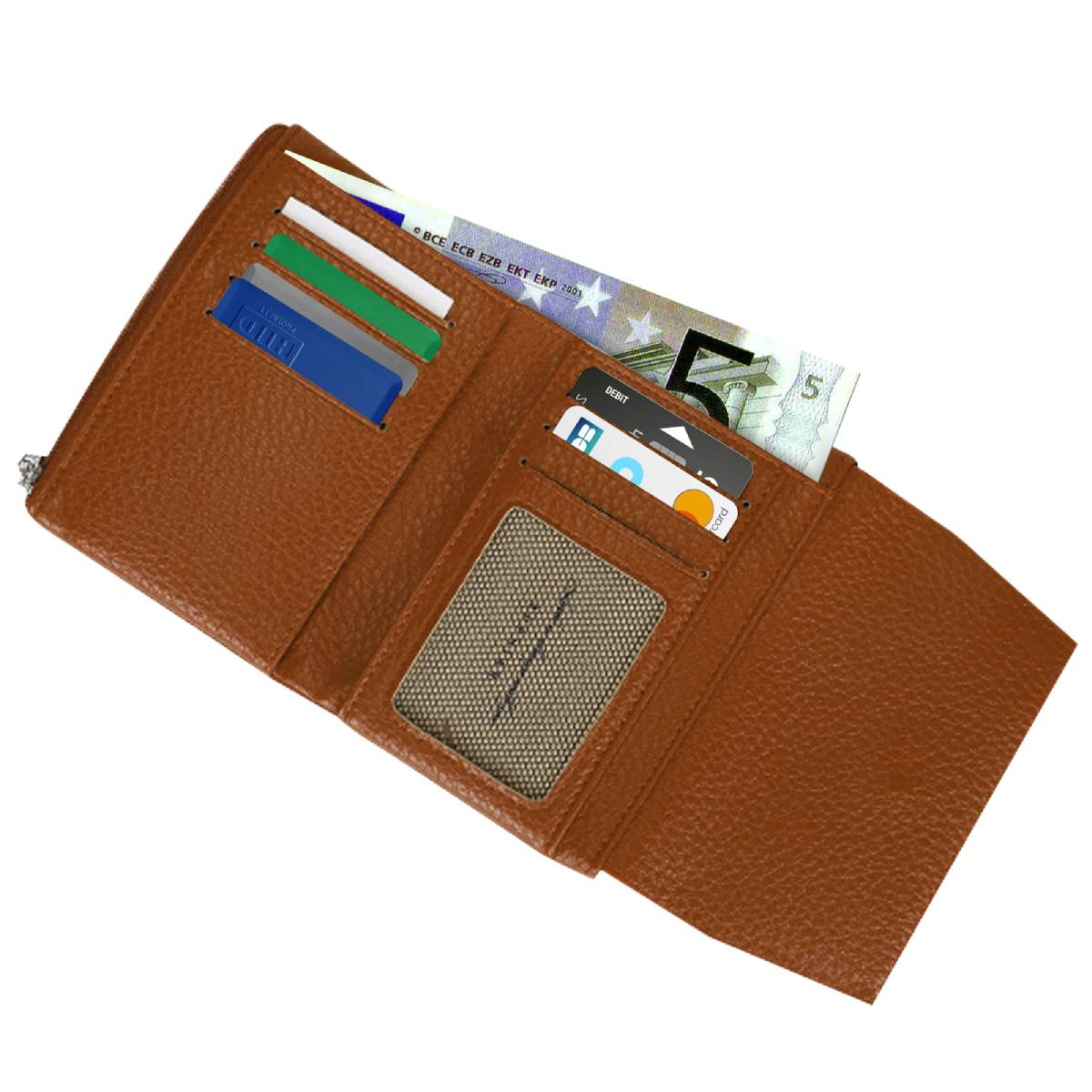 Cartera de cuero marrón abierta con tarjetas y un billete de 5 euros. Las tarjetas son azules, verdes y blancas. Cartera sobre fondo blanco.