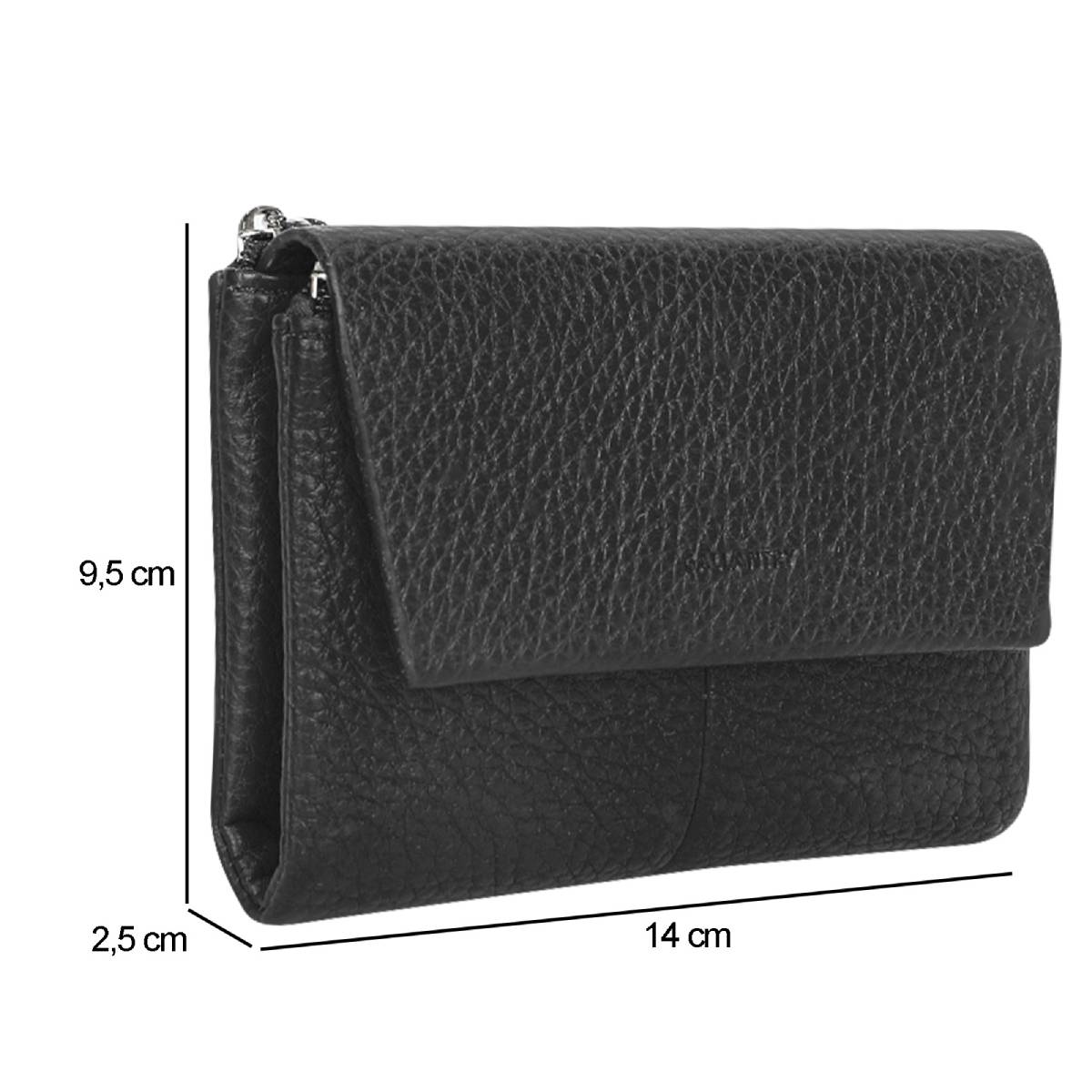 Schwarze Ledergeldbörse mit den Maßen: 14 cm lang, 9,5 cm hoch, 2,5 cm dick. Sie hat einen Klappenverschluss und eine Kette.