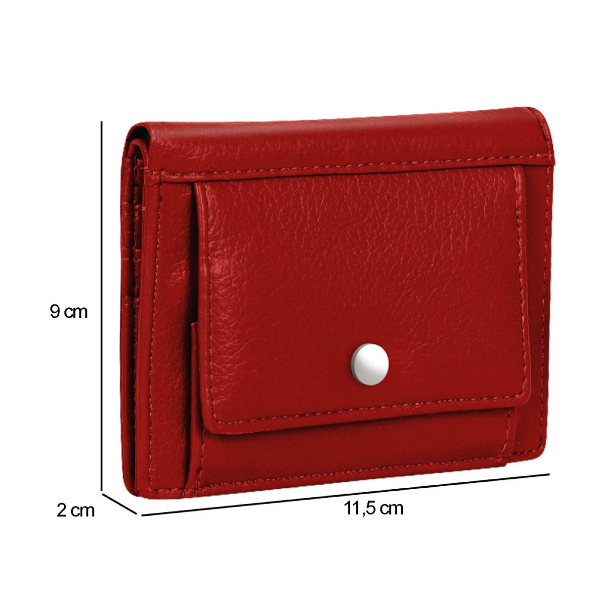 Ein rotes Lederportemonnaie mit Schnappverschluss wird gezeigt, mit den Maßen: 9 cm hoch, 11,5 cm breit und 2 cm dick.