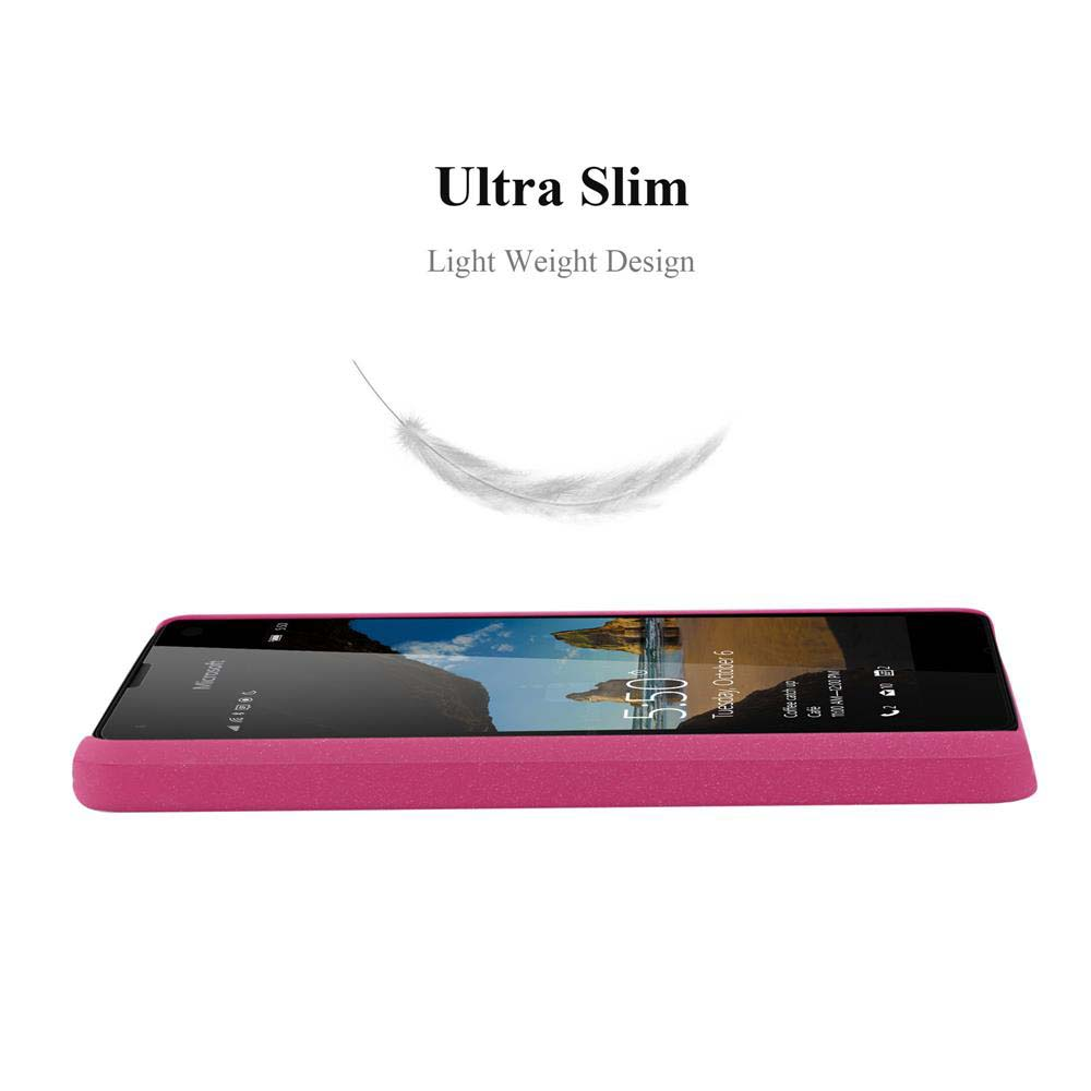 Un téléphone rose avec un écran affichant un paysage. Le texte ci-dessus indique 'Ultra Slim, Light Weight Design'. Un graphique de plume est également présent.