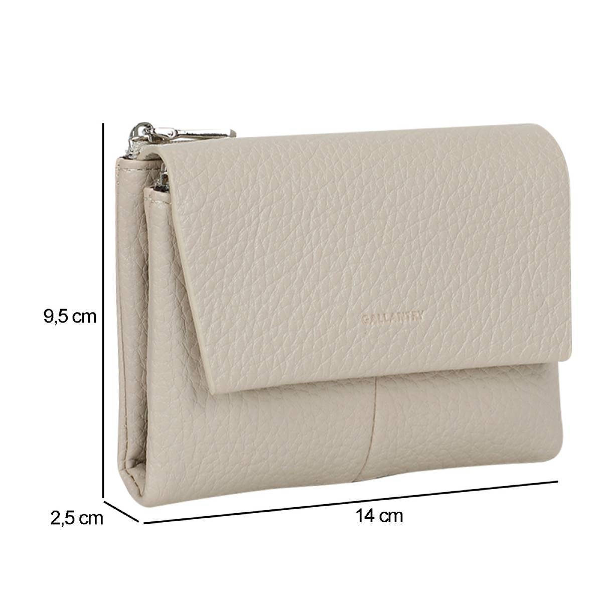 Eine beige Ledergeldbörse mit Klappe, 14 cm x 9,5 cm x 2,5 cm, mit dem Wort 'GALLANTY'.