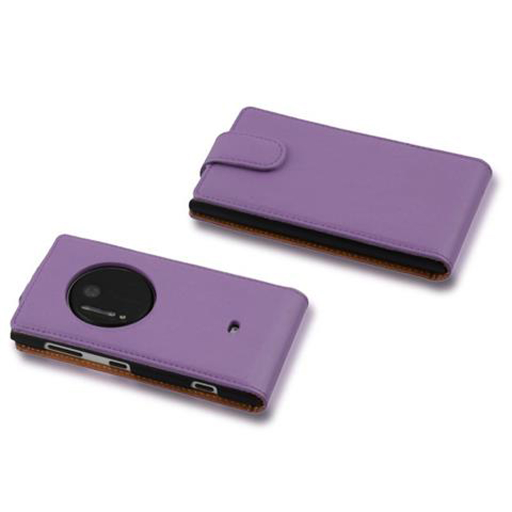 Due custodie per telefono viola con un ritaglio circolare per la fotocamera, bordi marroni e una chiusura. Una custodia è aperta, l'altra chiusa.
