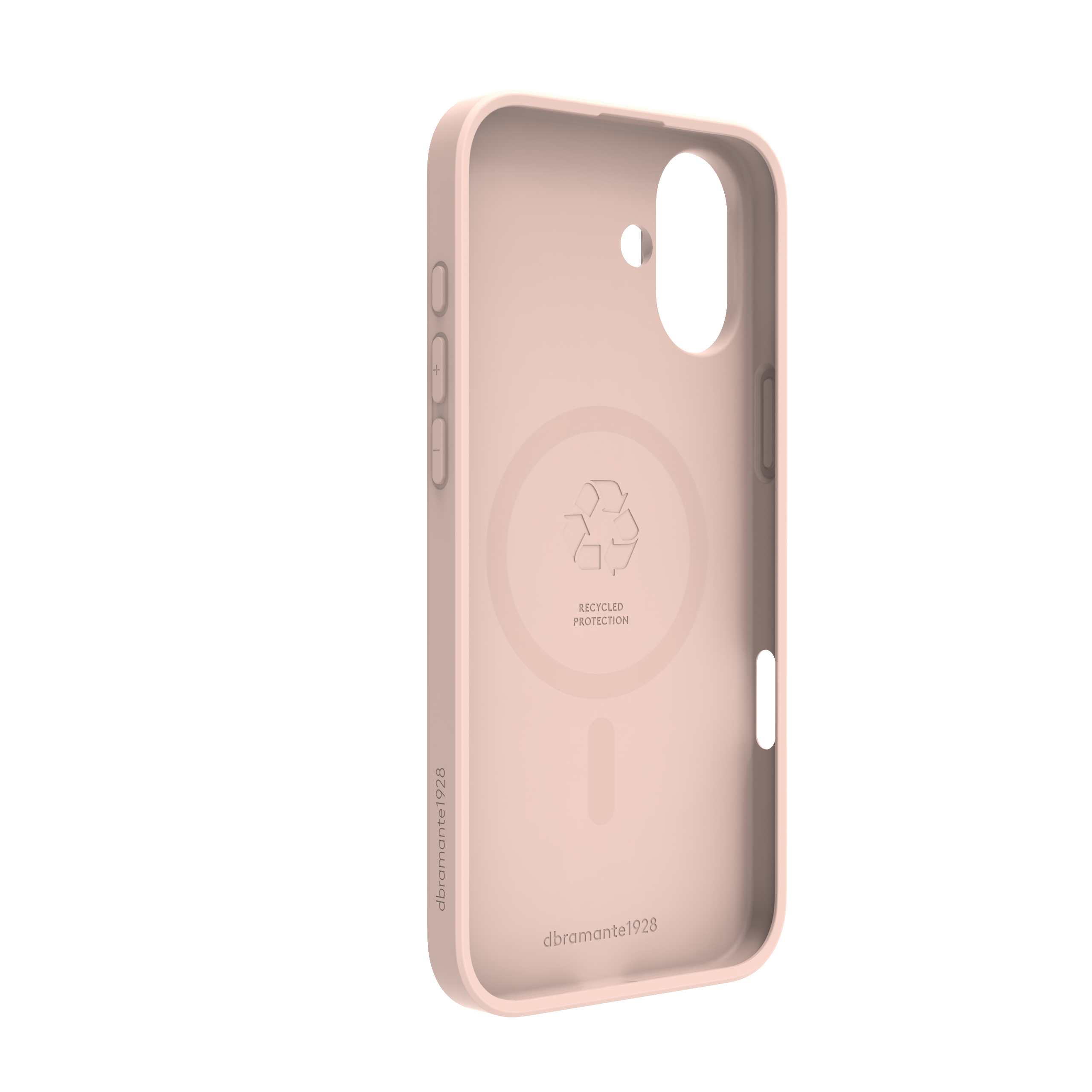 Una custodia per telefono rosa chiaro. Ha i pulsanti del volume, un foro per la fotocamera e la scritta 'recycled protection'.