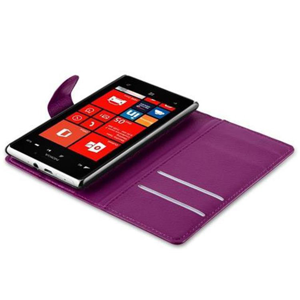 Uno smartphone con schermo nero che mostra icone rosse e bianche, appoggiato su una custodia viola aperta.