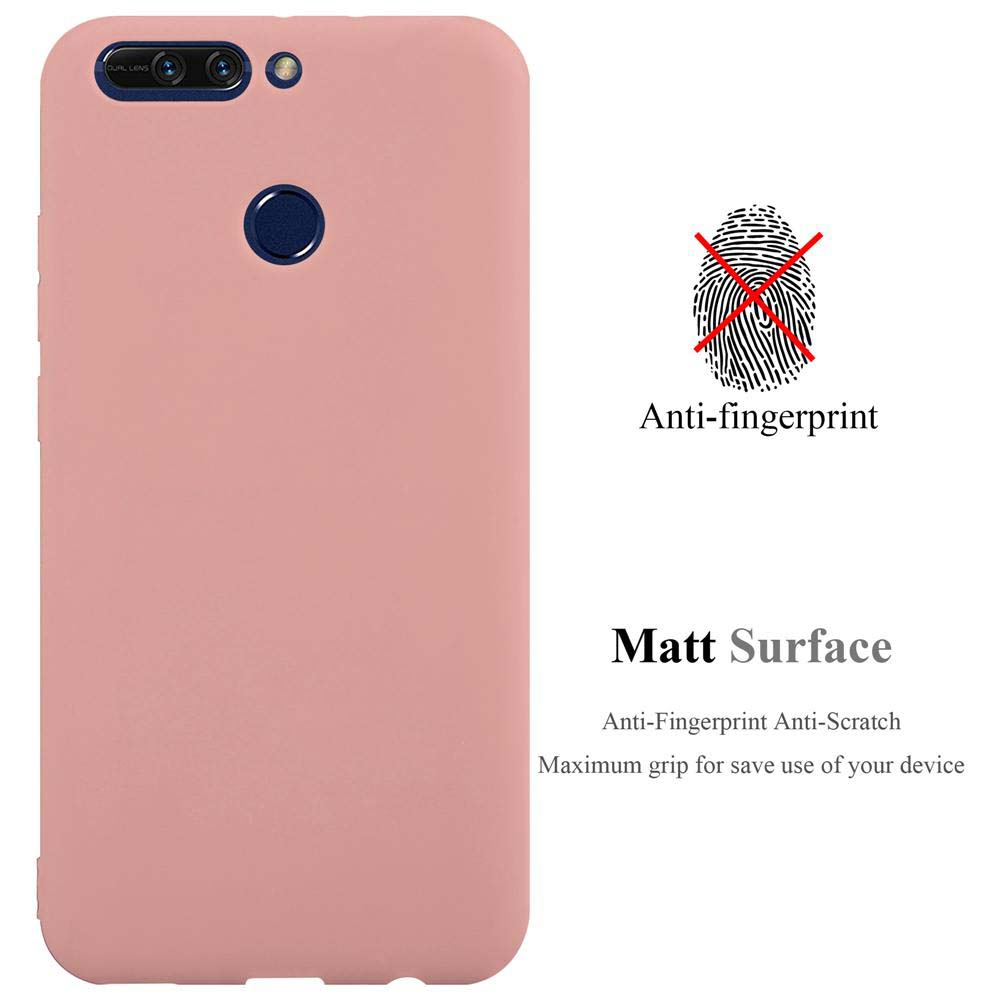Una custodia rosa per telefono con fotocamera a doppia lente e design anti-impronta, che promuove una superficie opaca e presa.