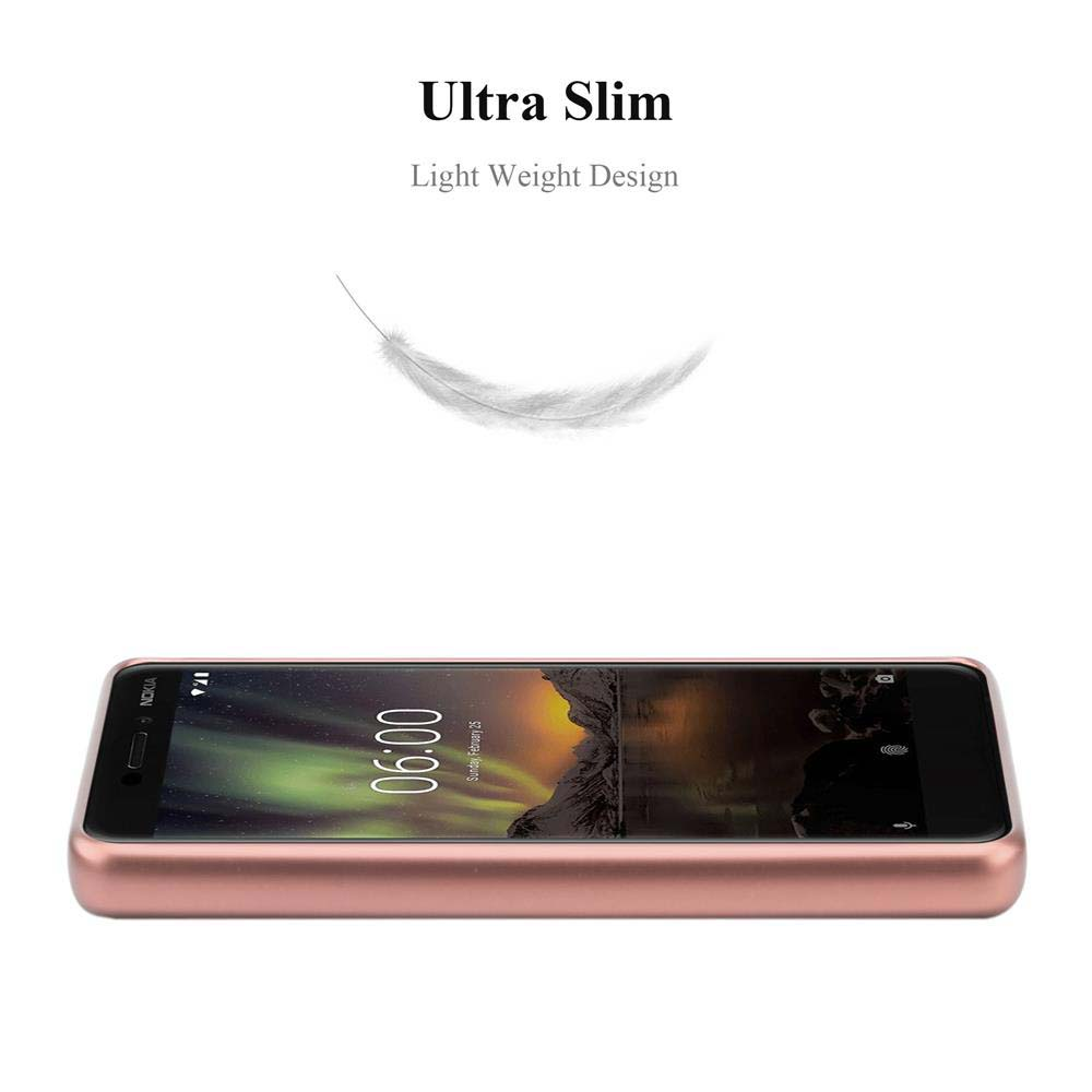 Un telefono oro rosa è in orizzontale. Lo schermo mostra un paesaggio. Sopra, il testo dice 'Ultra Slim, Light Weight Design'. Una piuma fluttua.