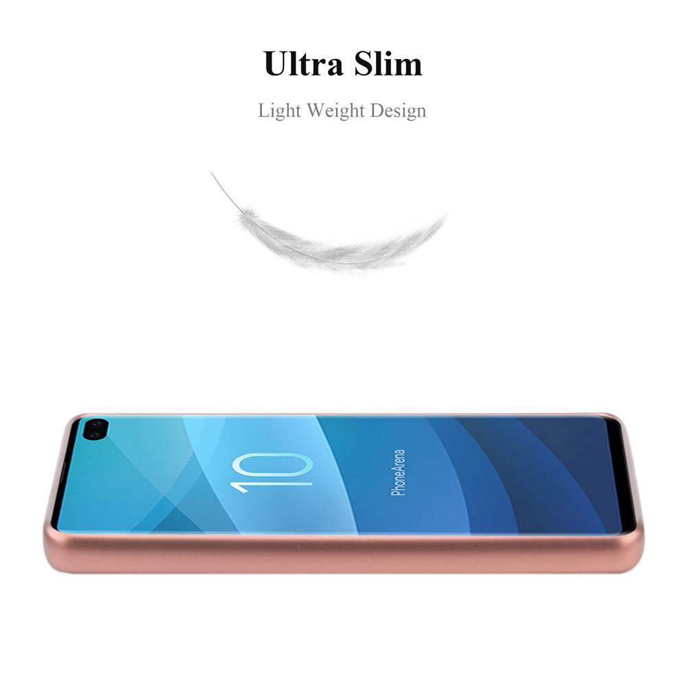 Un telefono con schermo blu e il numero 10, il telefono è oro rosa e lo sfondo è bianco con la scritta 'Ultra Slim'.