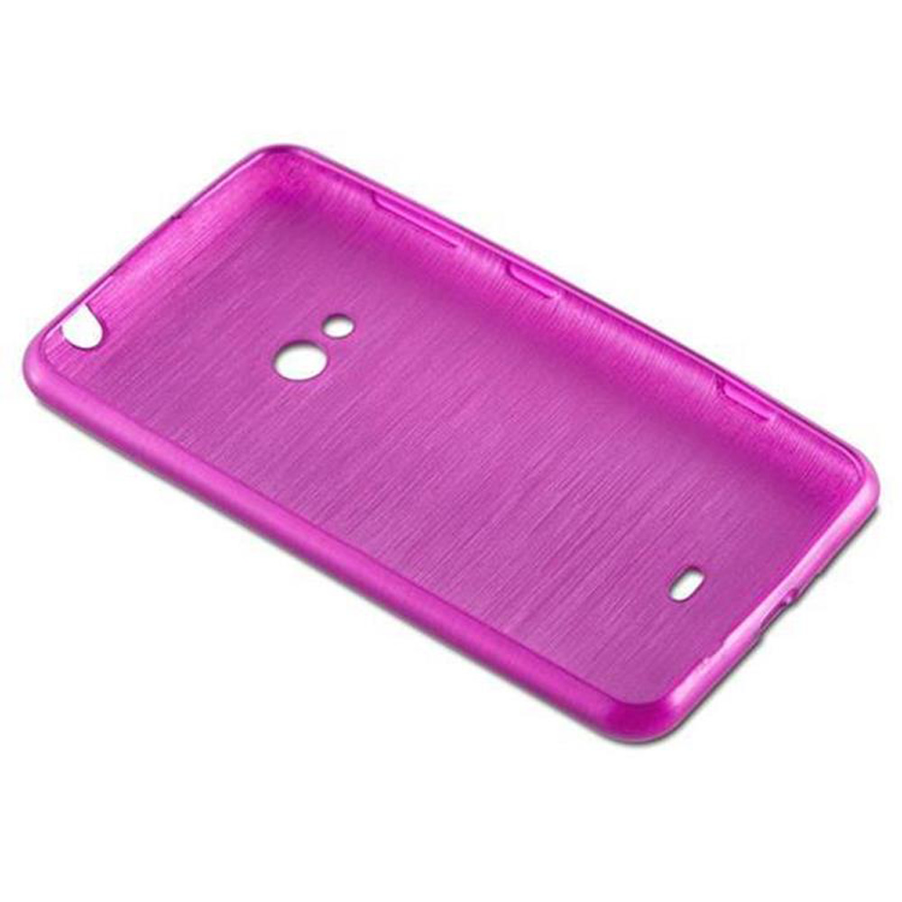 Primer plano de una funda de teléfono rosa brillante. Tiene una superficie texturizada, con orificios para la cámara, botones y puertos.
