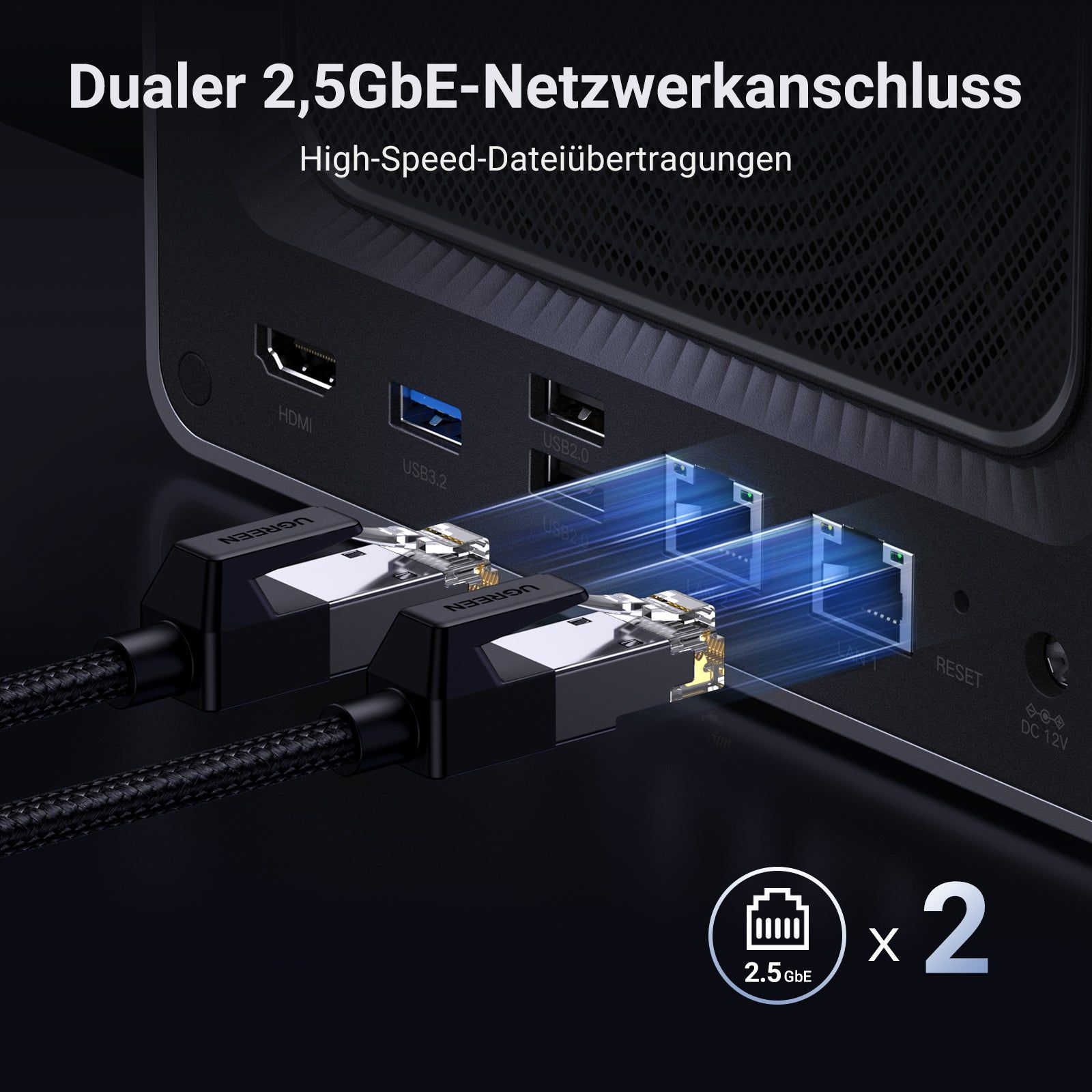 Afbeelding toont twee netwerkkabels aangesloten op een apparaat. Tekst geeft dubbele 2,5 GbE netwerkverbinding aan.