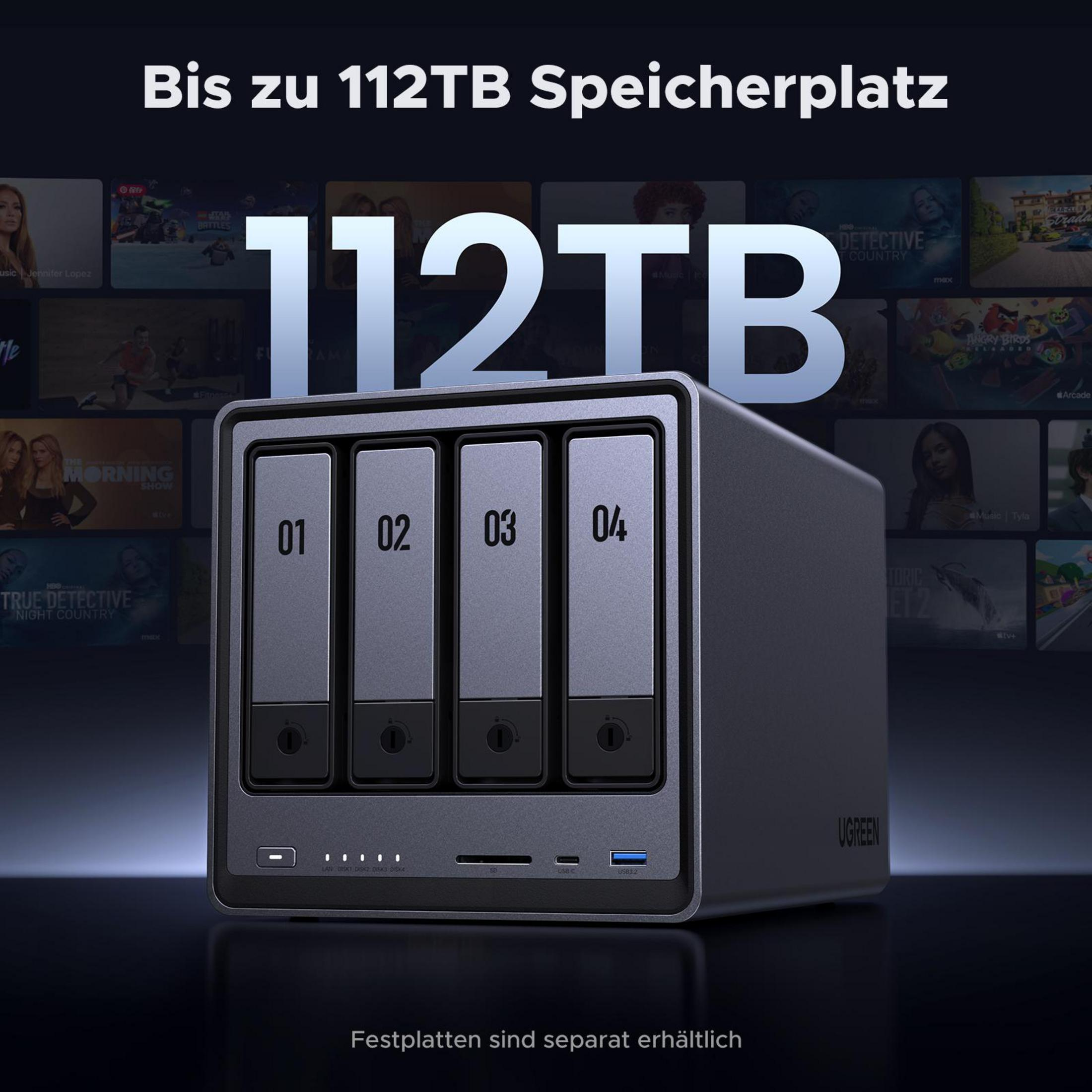 NAS-opslagapparaat met vier bays, gelabeld 01-04, met de tekst '112TB' eroverheen. Achtergrond toont thumbnails.