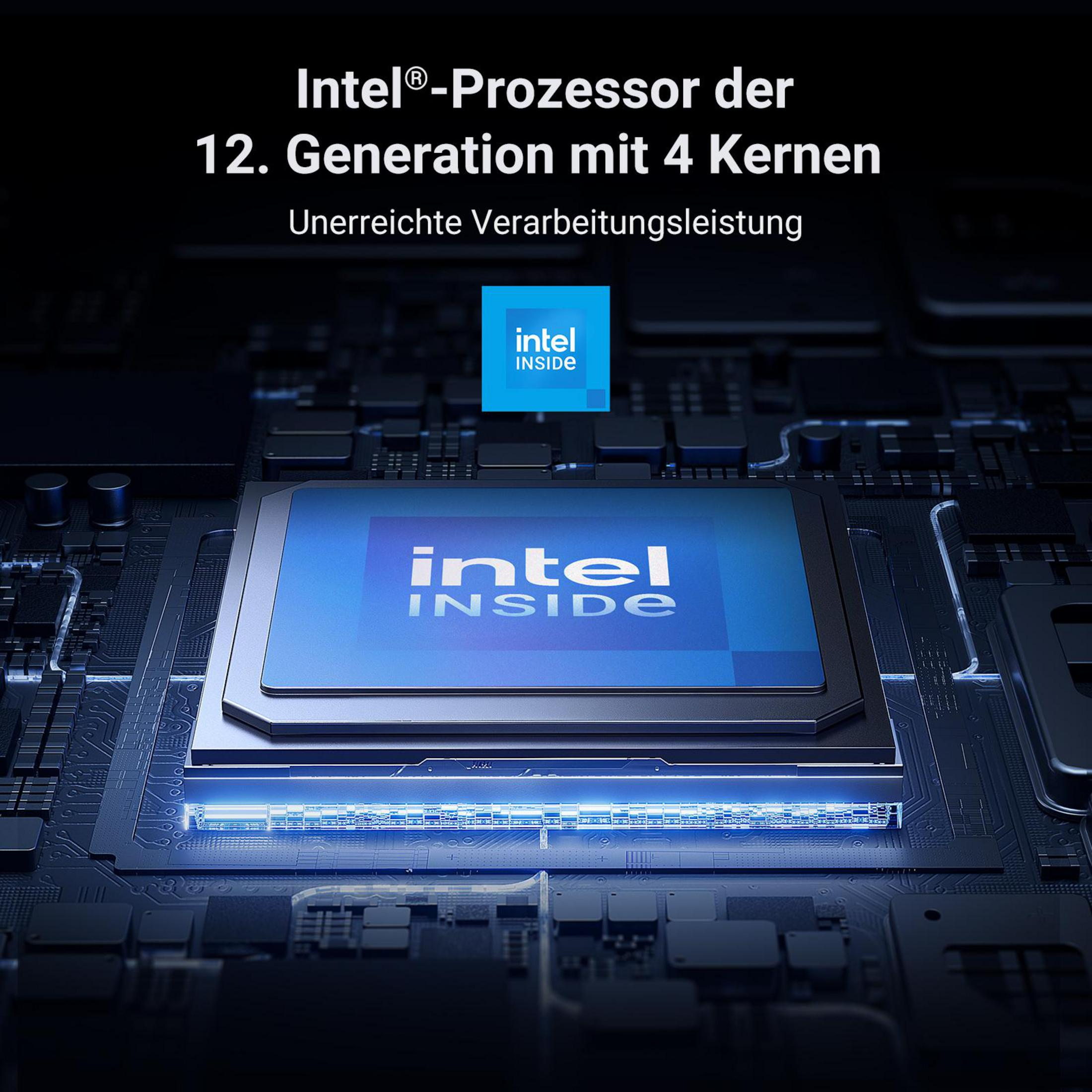 Een close-up van een computerprocessor, met het Intel-logo. Tekst geeft 12e generatie met 4 kernen aan.